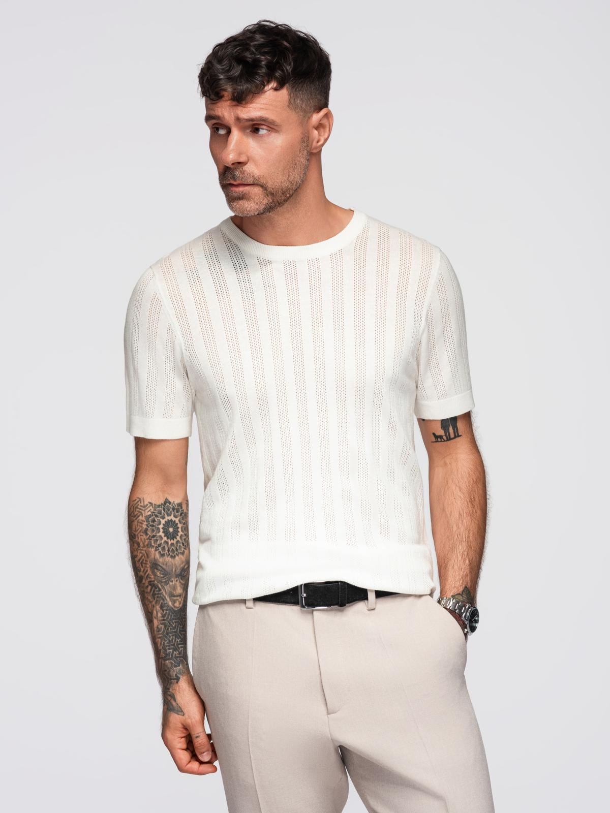 Ombre Men's openwork sweater with round neckline and short sleeves - white