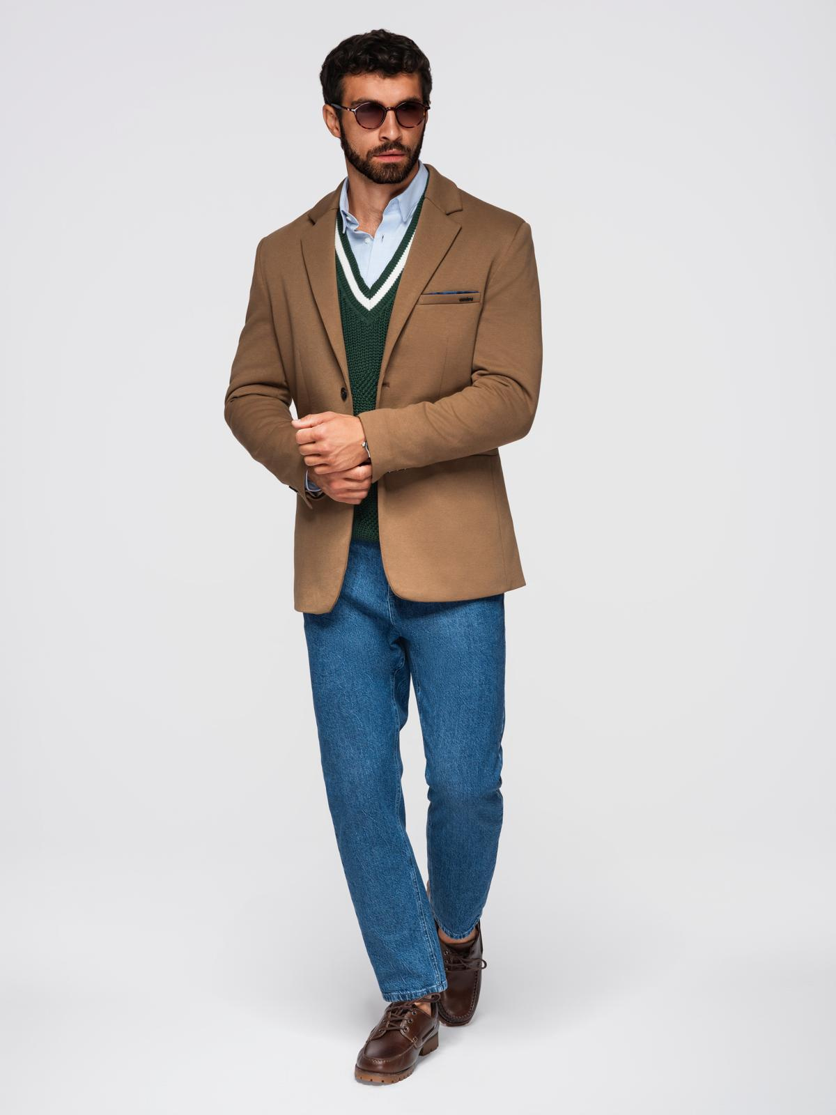 Ombre Men's knitted jacket with a fitted cut - light brown