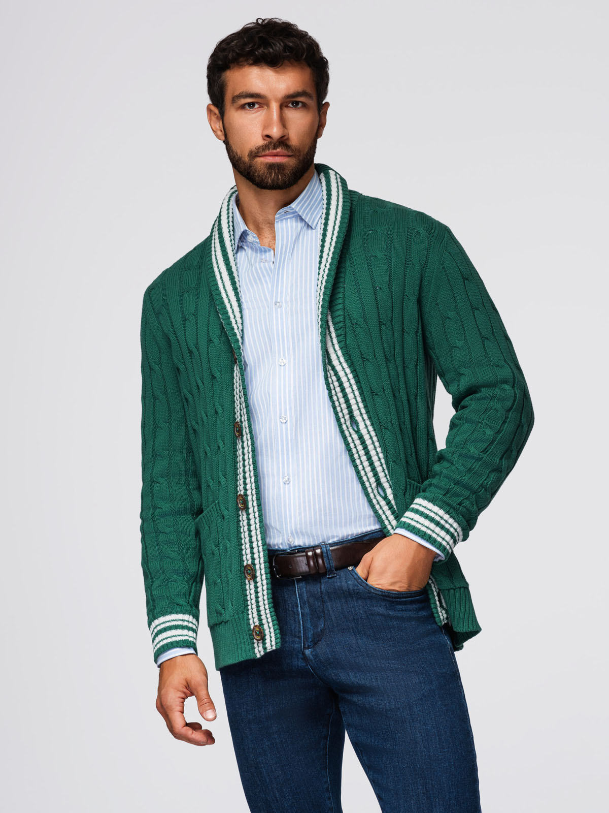 Ombre Men's cardigan sweater with shawl collar in preppy style - green