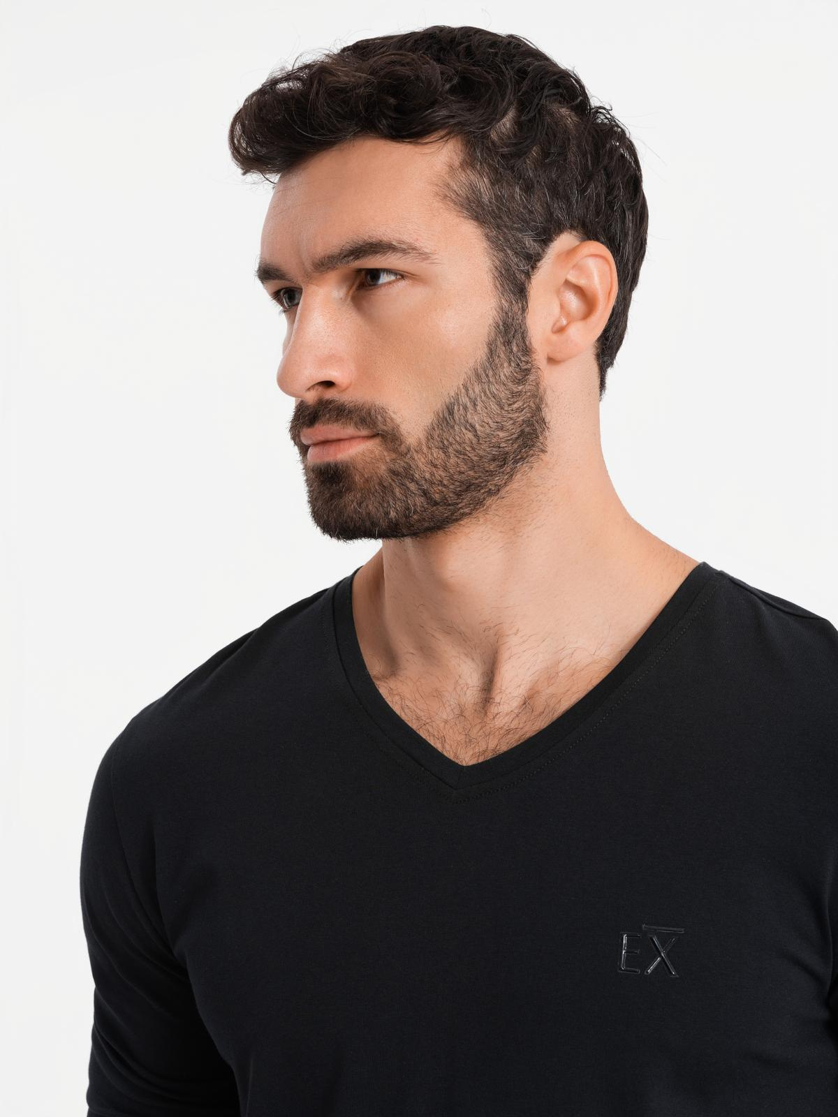 Ombre men's V-neck SLIM FIT ongsleeve with elastane and print - black