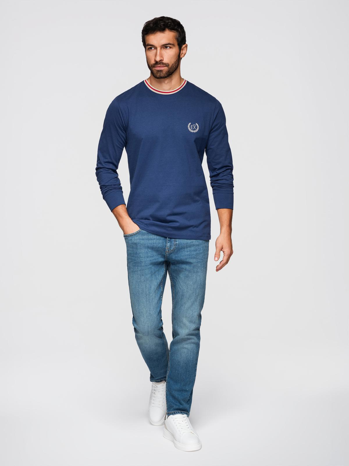 Ombre Men's cotton longsleeve with striped U neckline and embroidery - dark blue