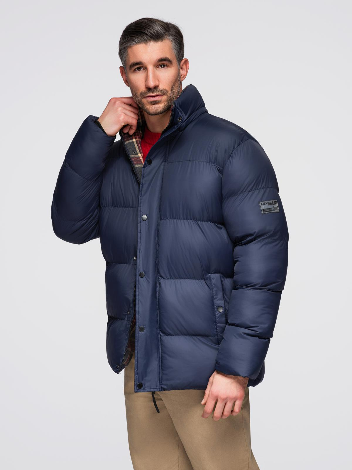 Ombre Men&#039;s puffer jacket with check lining - navy blue