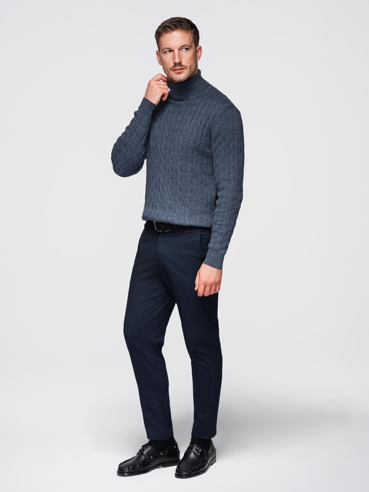 Ombre Men&#039;s turtleneck sweater with checkered weave - navy blue