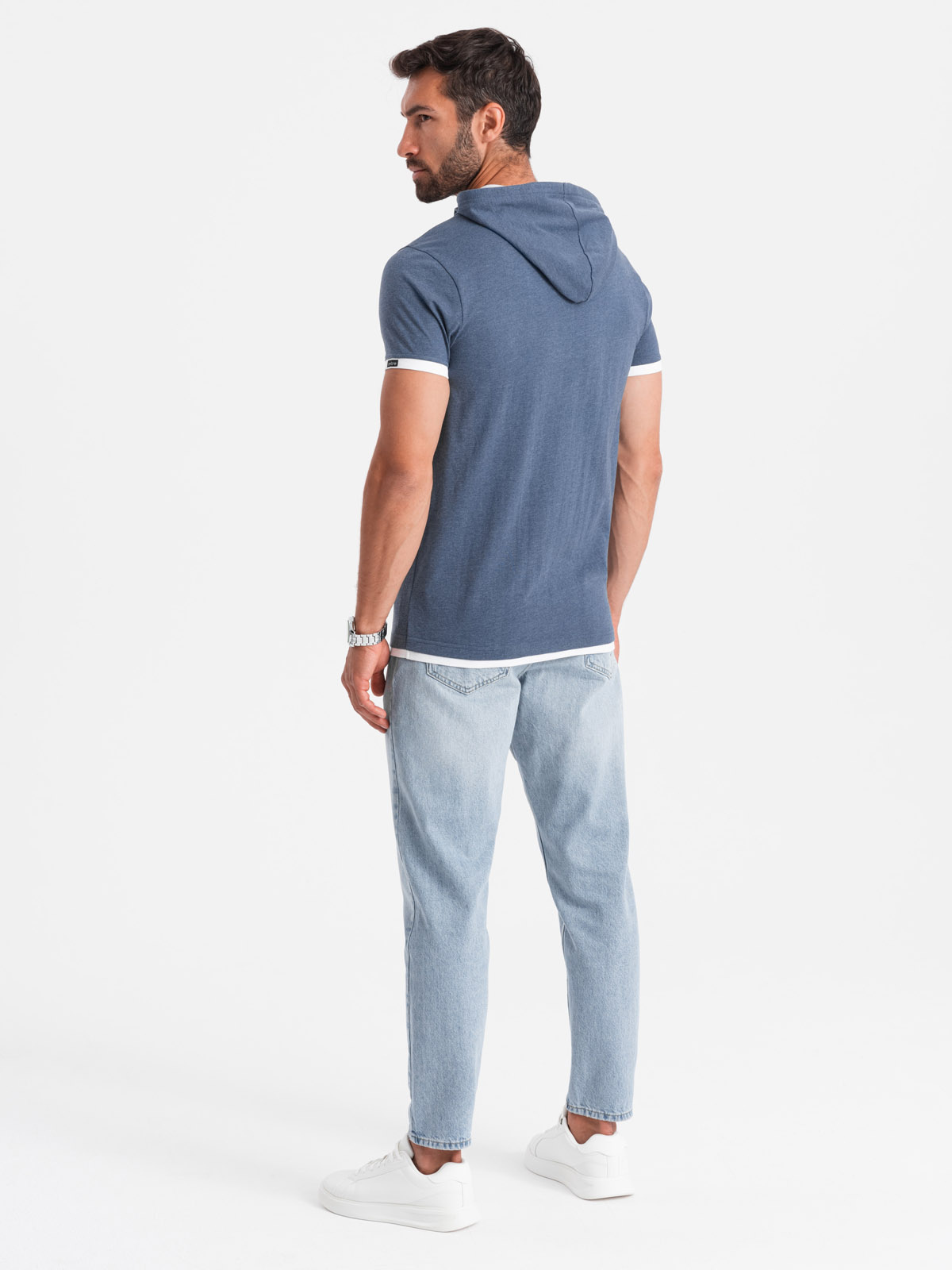 Ombre Casual men's cotton t-shirt with hood - dark blue melange