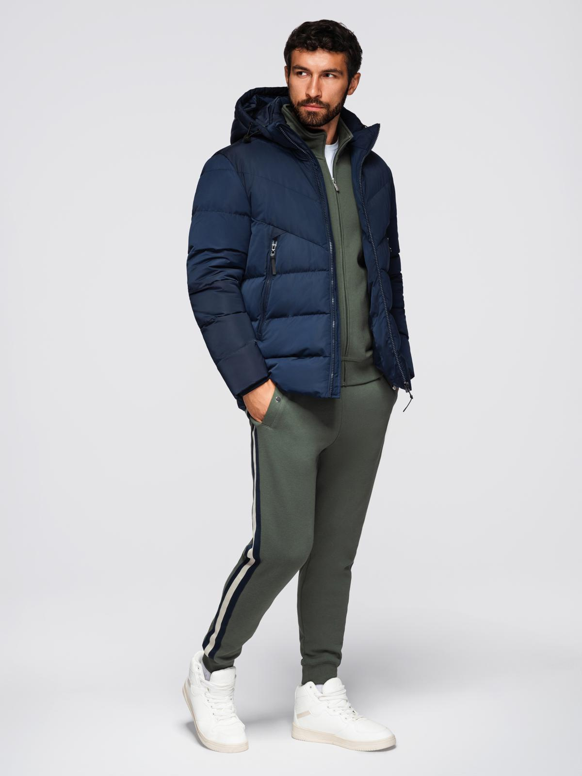 Ombre Men&#039;s jacket with asymmetrical quilting and hood - navy blue