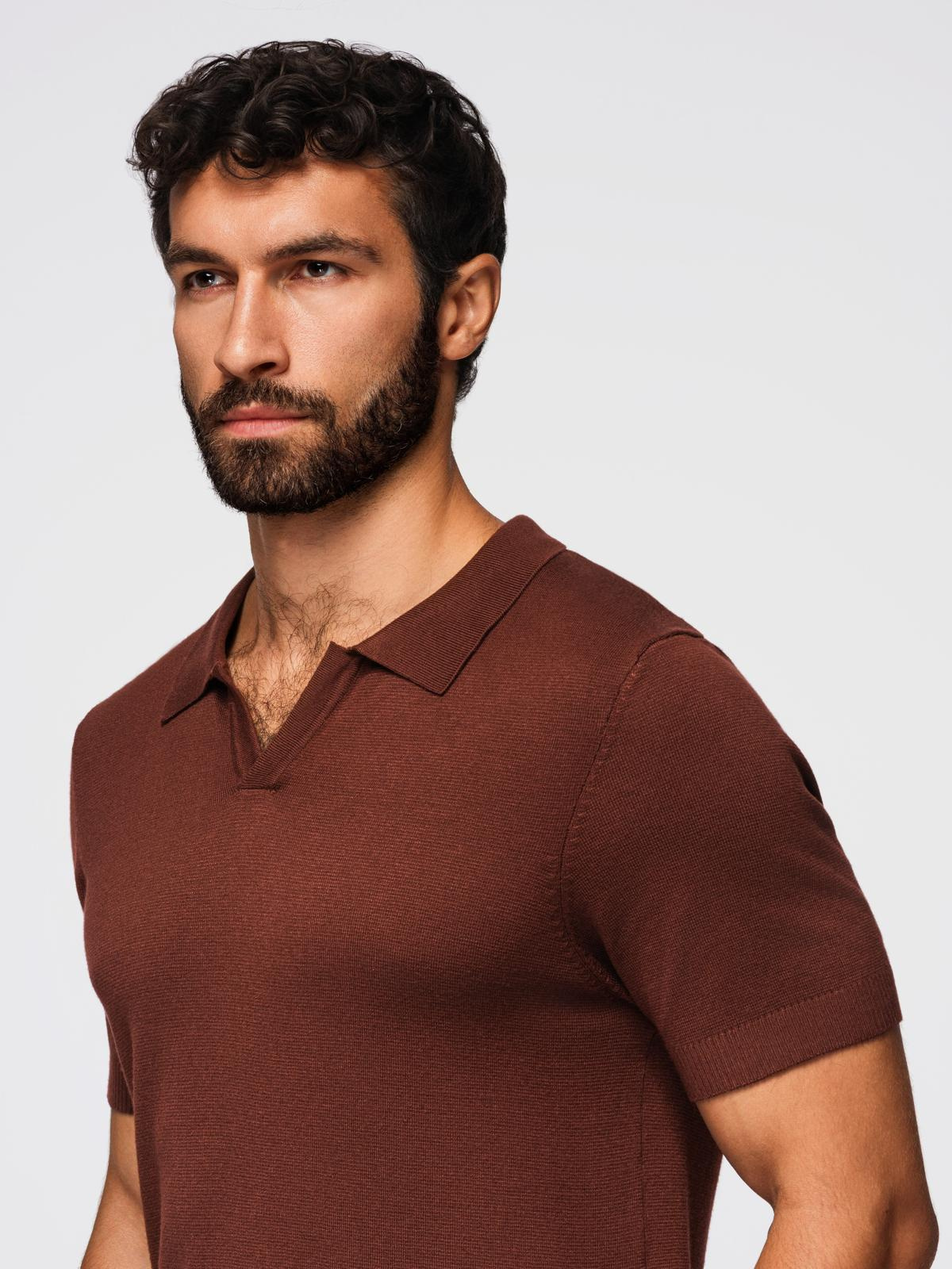 Ombre Men's buttonless polo shirt with classic weave - dark brown