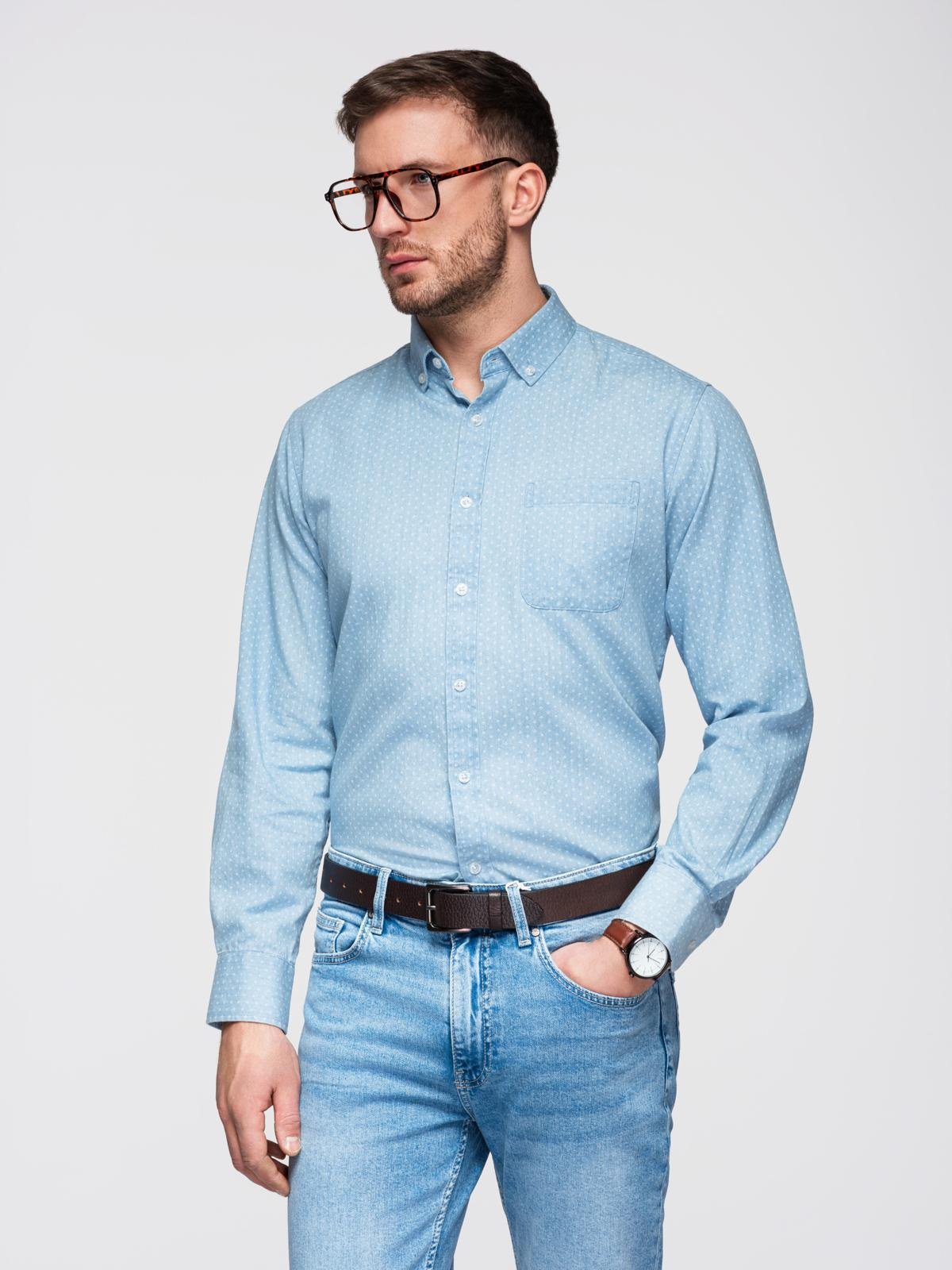 Ombre Men's patterned thin denim shirt with pocket - light blue