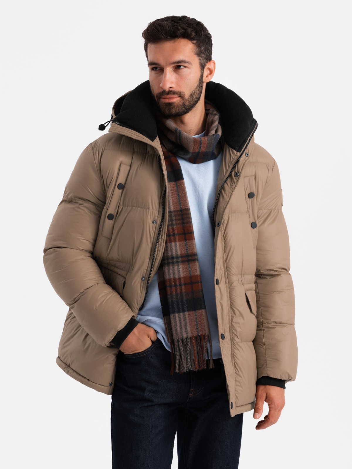 Ombre Men&#039;s long puffer jacket with snap pockets - brown