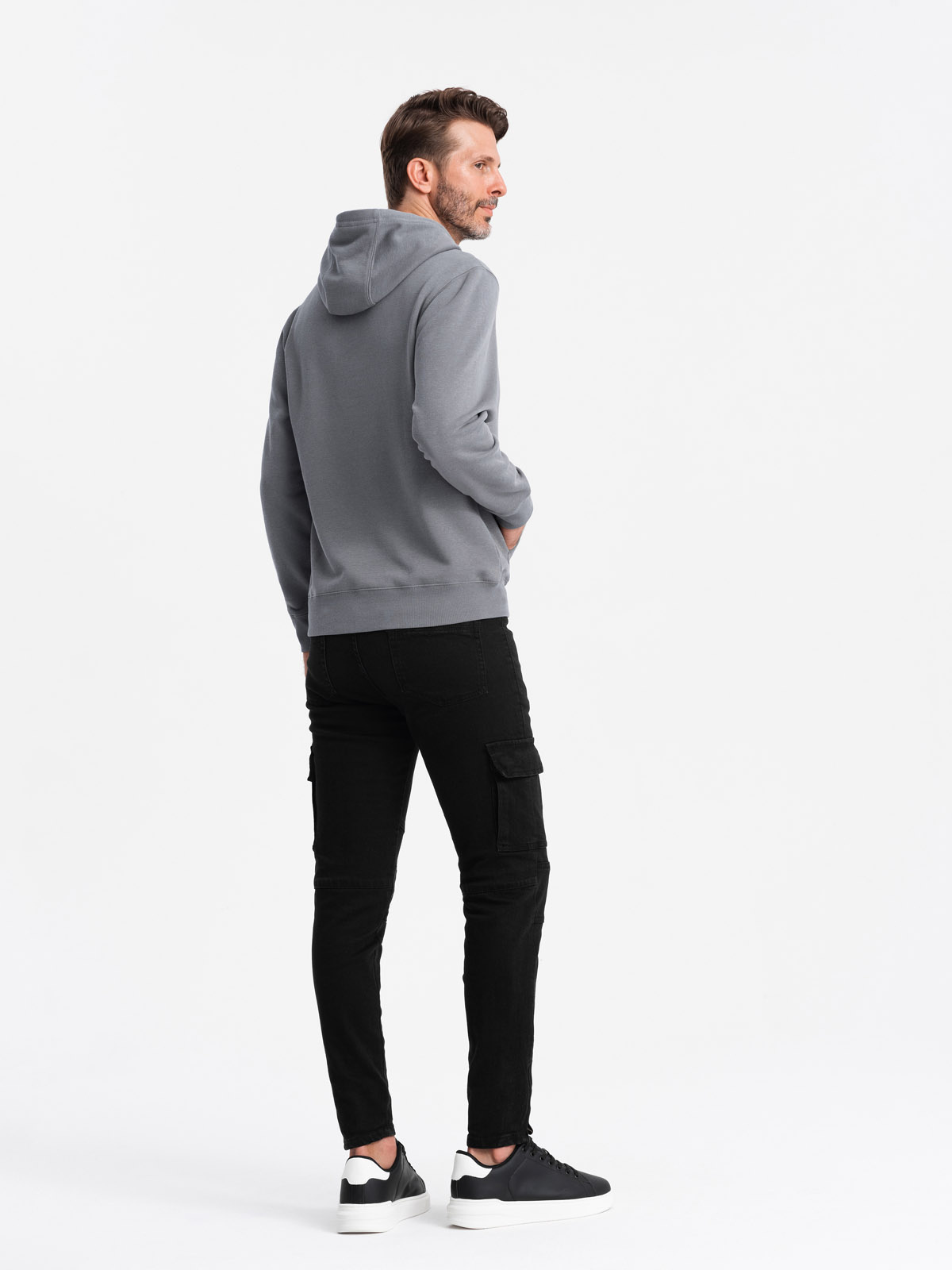 Ombre Men's kangaroo sweatshirt with hood and metal pin - grey