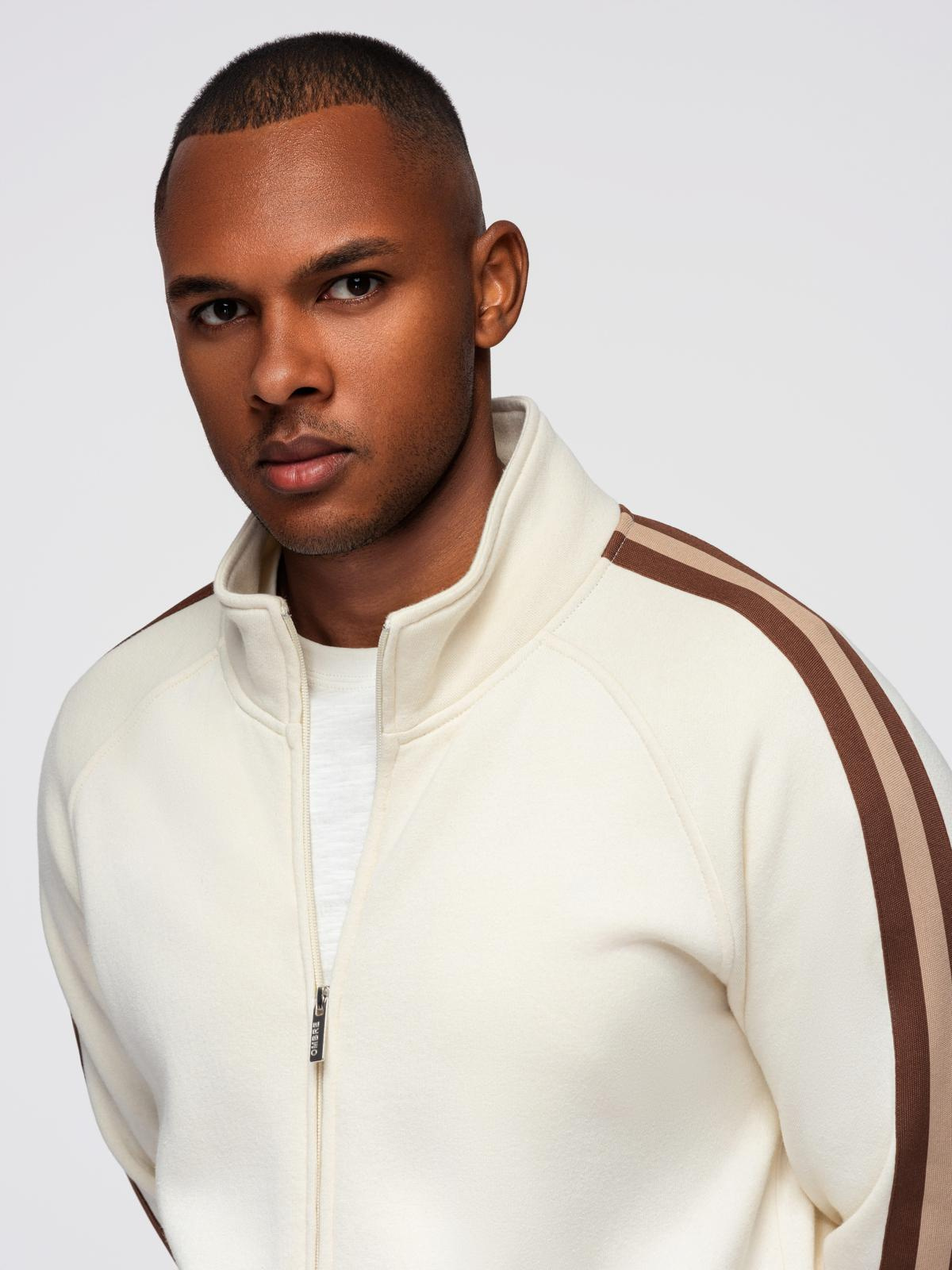 Ombre Men&#039;s sweatshirt with high collar and stripes - cream