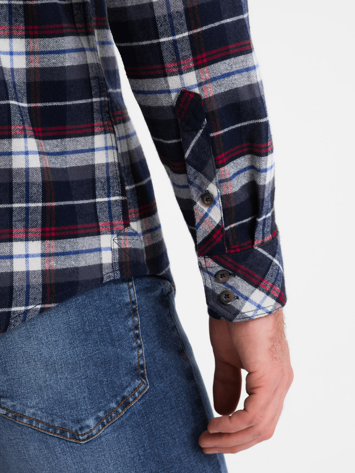 Ombre Men's checkered flannel shirt with pockets - navy blue and red