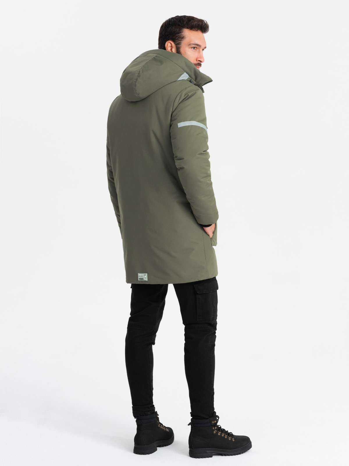 Ombre Men's insulated long jacket with reflective elements - olive