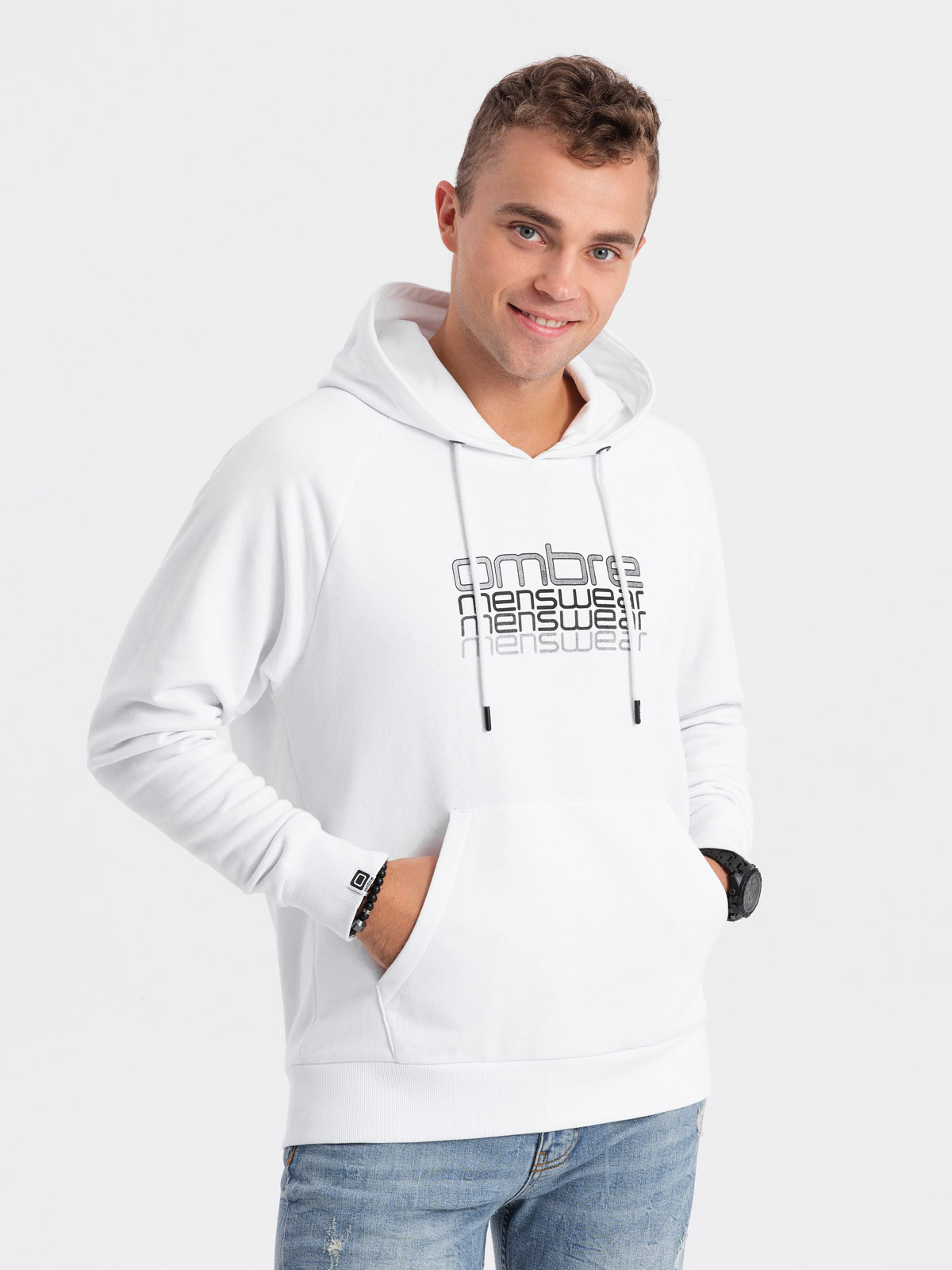 Ombre Mens unlined hooded sweatshirt with print - white