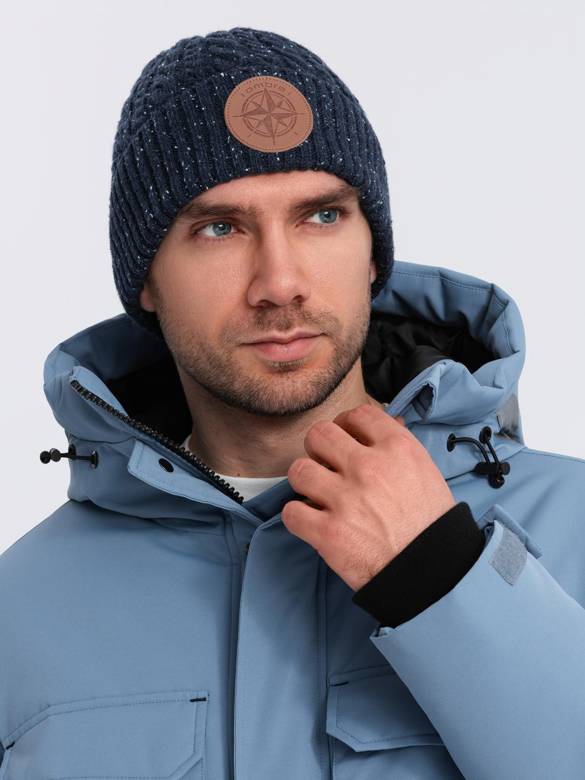 Ombre Men's beanie cap with round embossed patch - navy blue