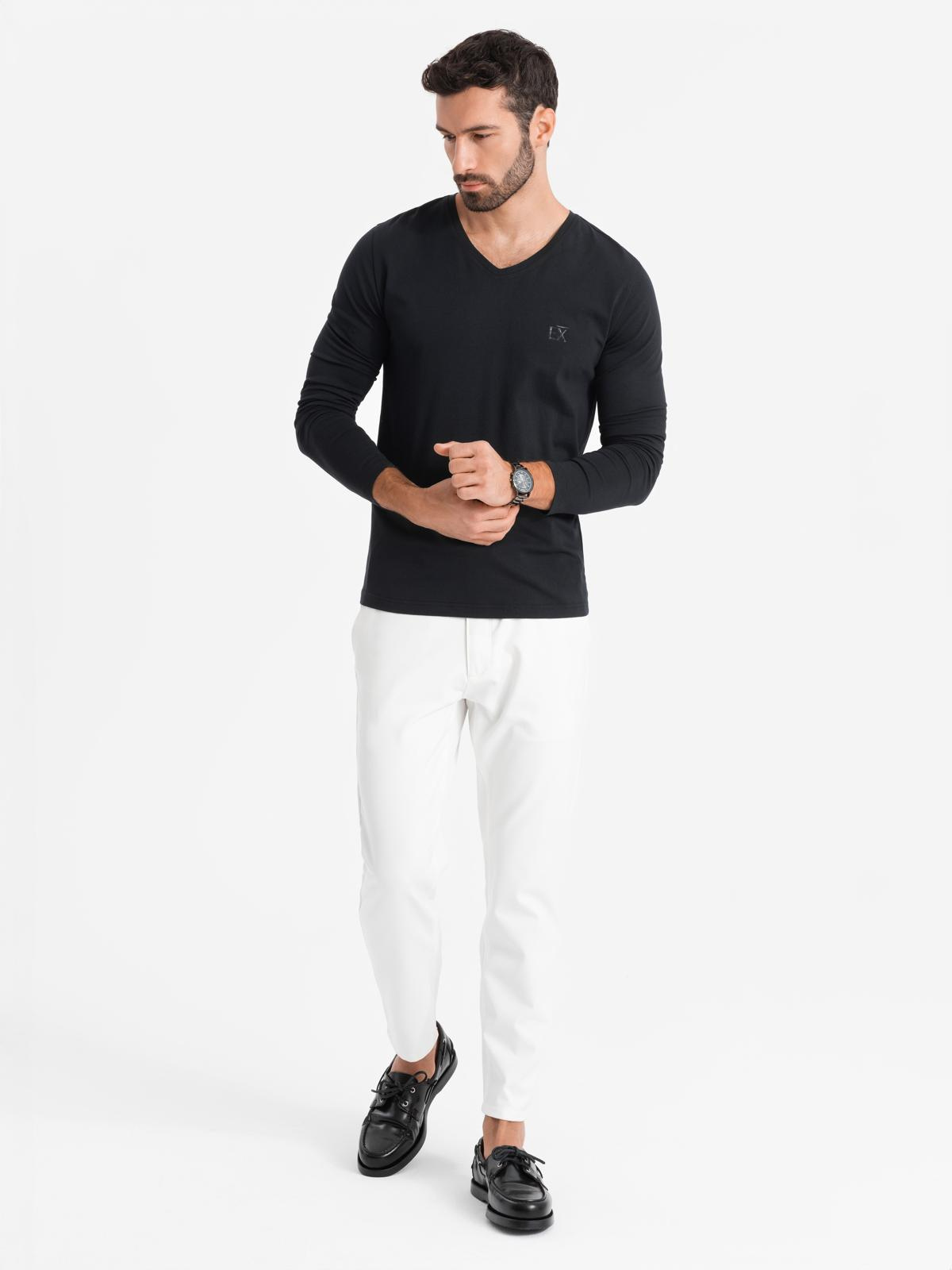 Ombre men's V-neck SLIM FIT ongsleeve with elastane and print - black
