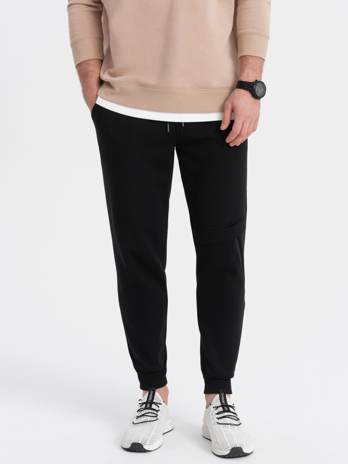 Ombre Men&#039;s sweatpants with stitching and zipper on leg - black