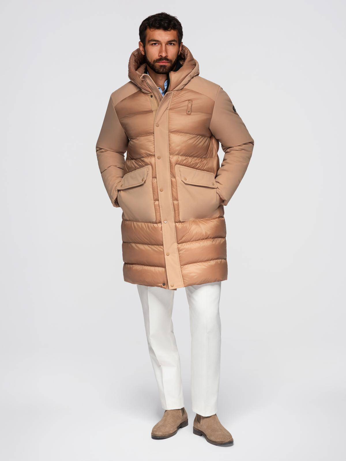 Ombre Men&#039;s long quilted jacket with large pockets - beige