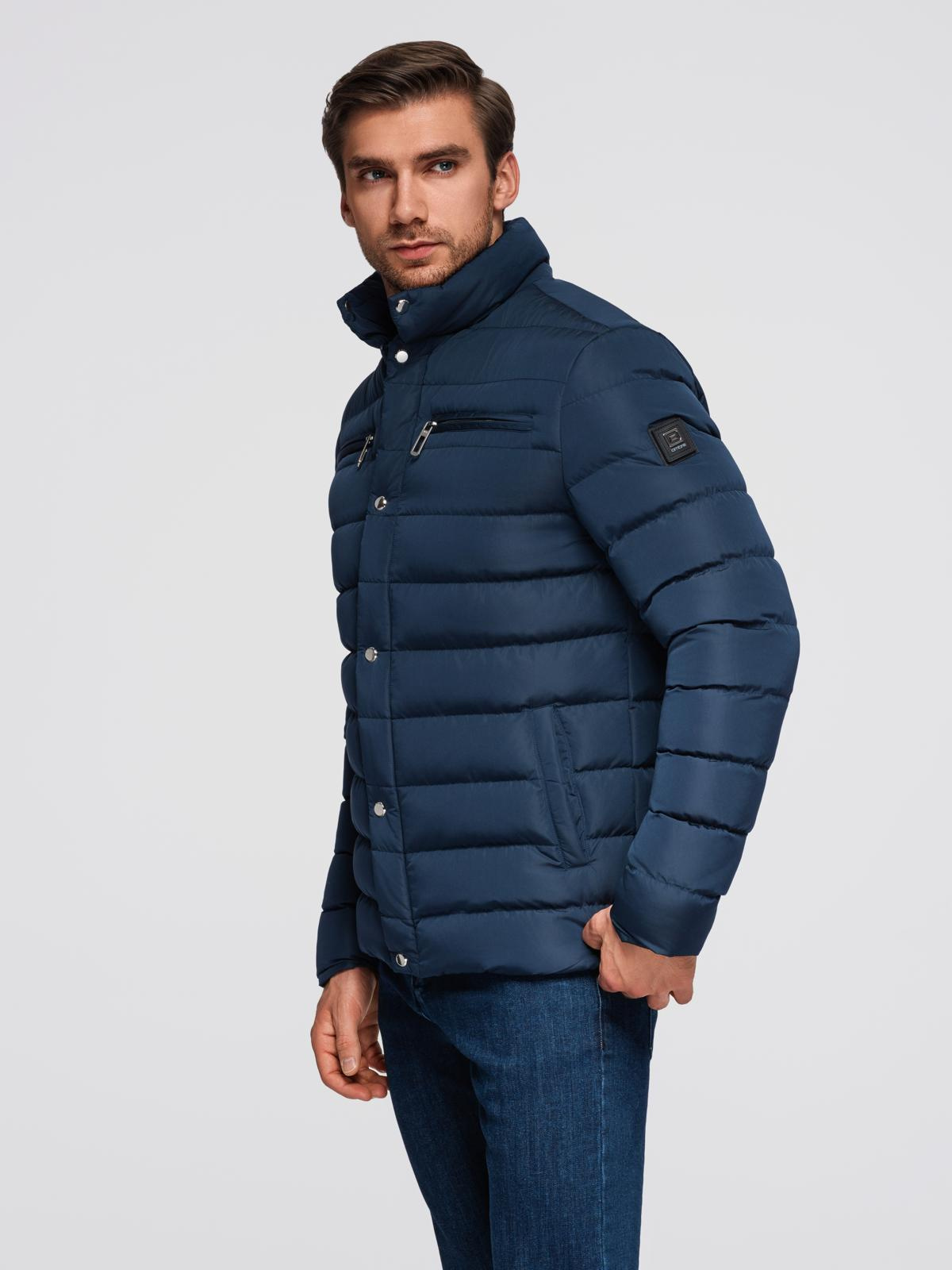 Ombre Men&#039;s quilted jacket with stand-up collar and chest zips - navy blue