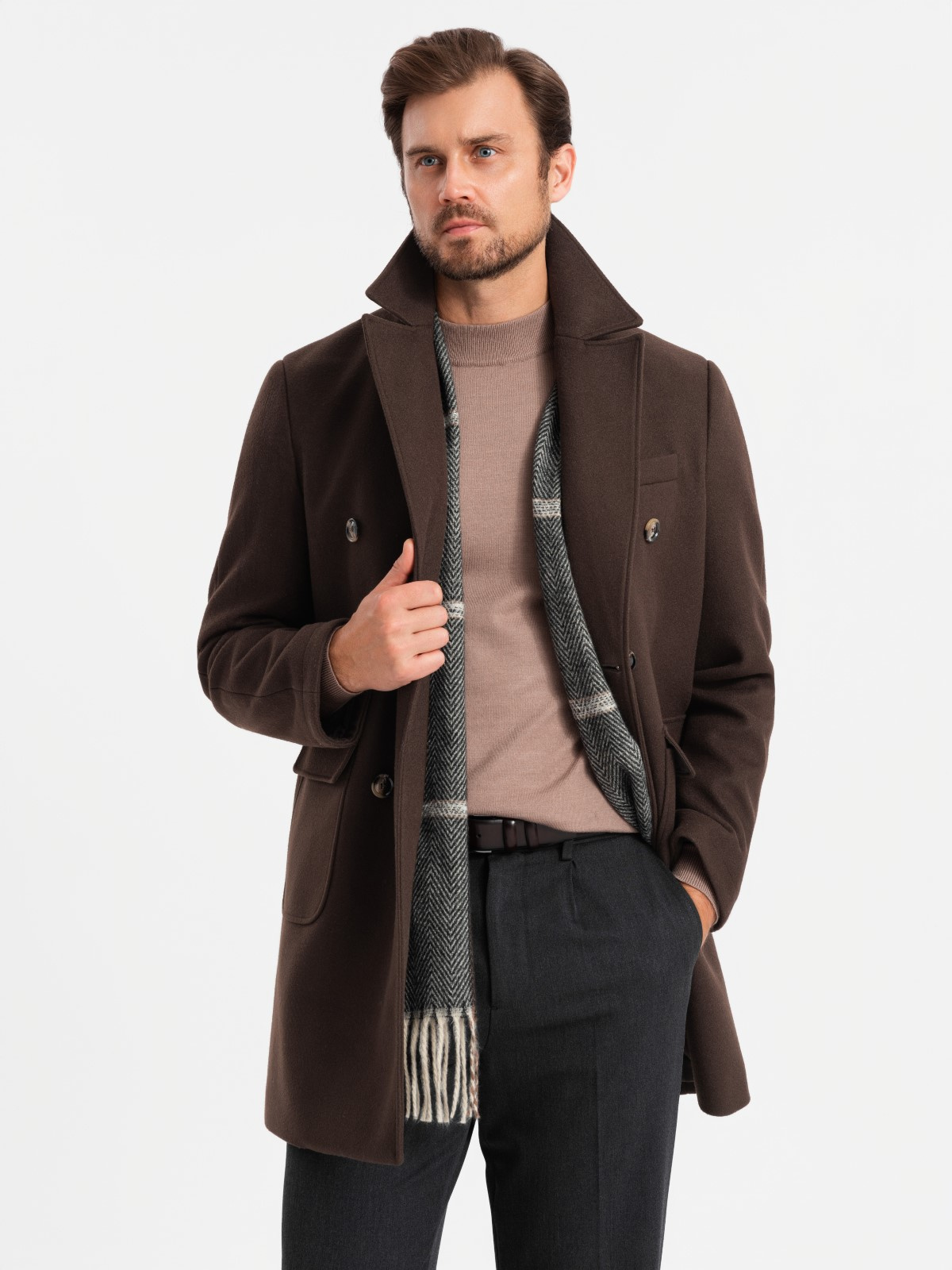 Ombre Men's double-breasted coat with decorative buttons - dark brown