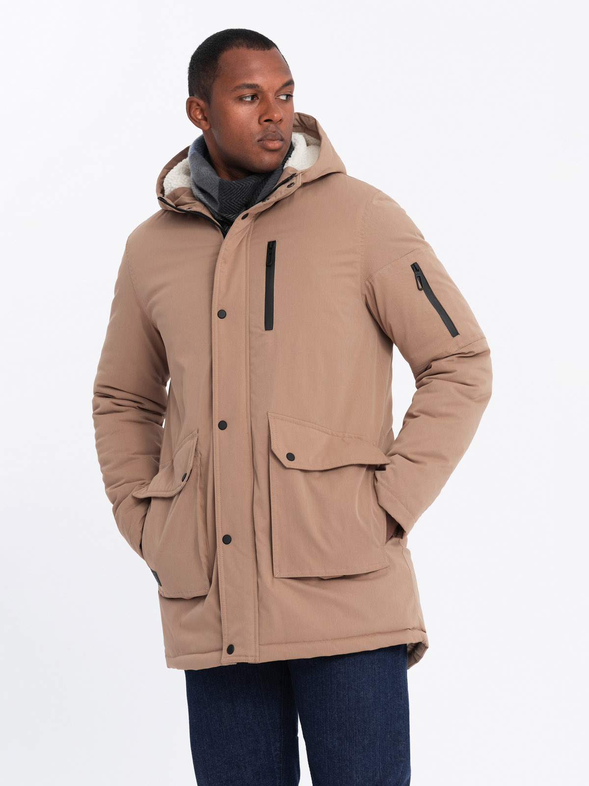 Ombre Men&#039;s long parka sherpa jacket - beige
