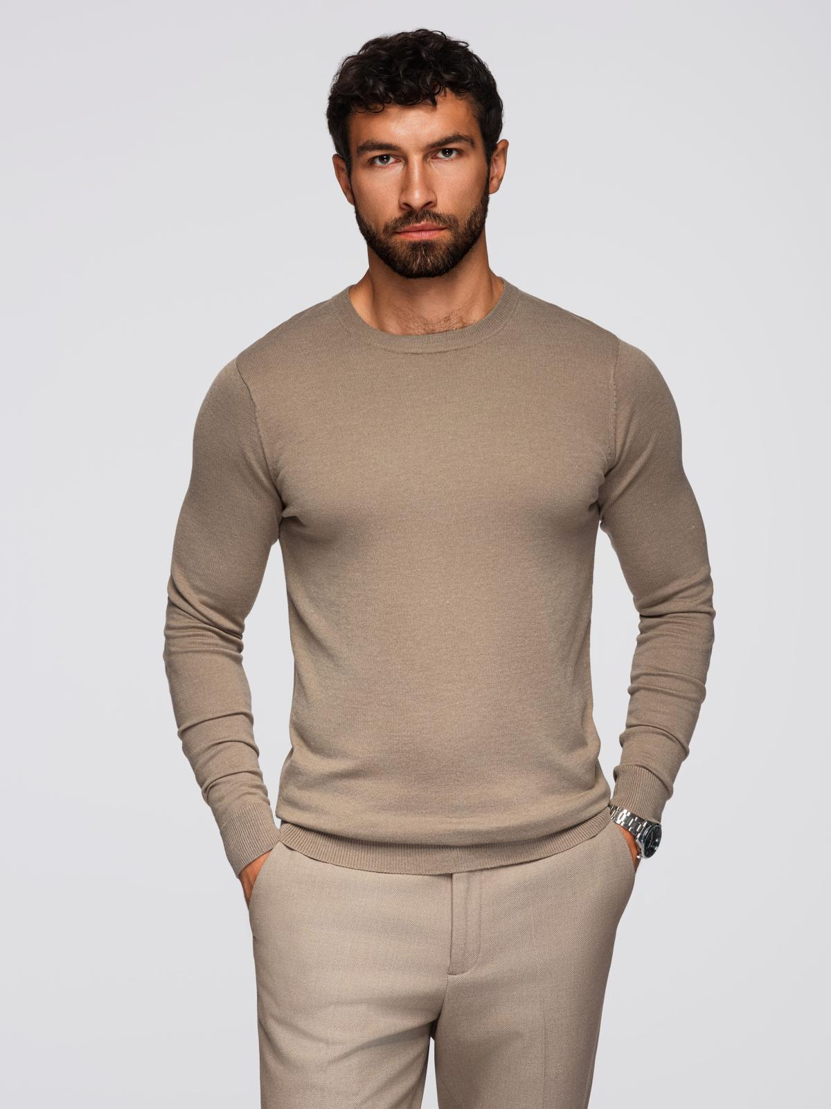 Ombre BASIC men&#039;s classic viscose sweater with round neckline - dark beige