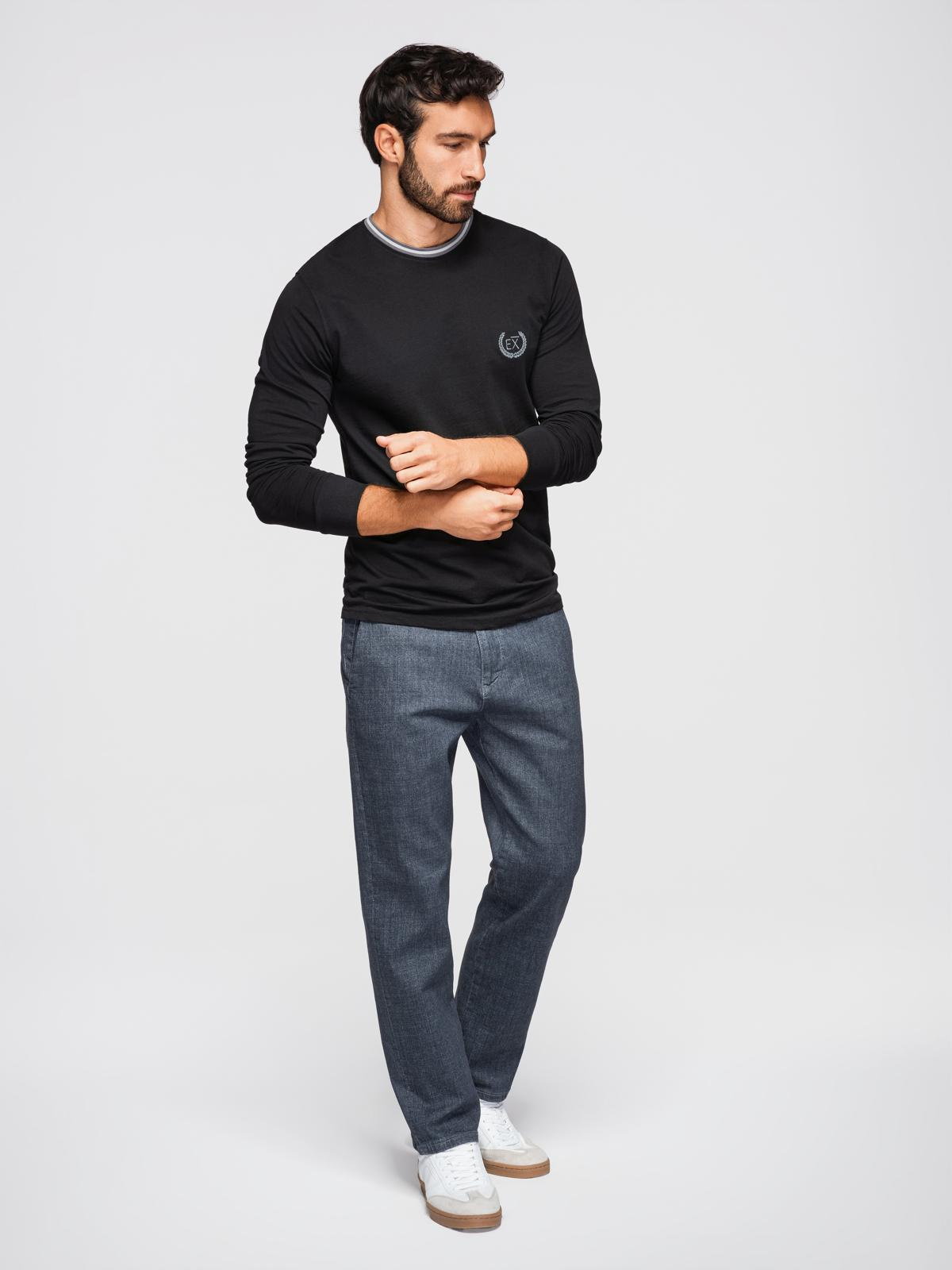 Ombre Men's cotton longsleeve with striped U neckline and embroidery - black
