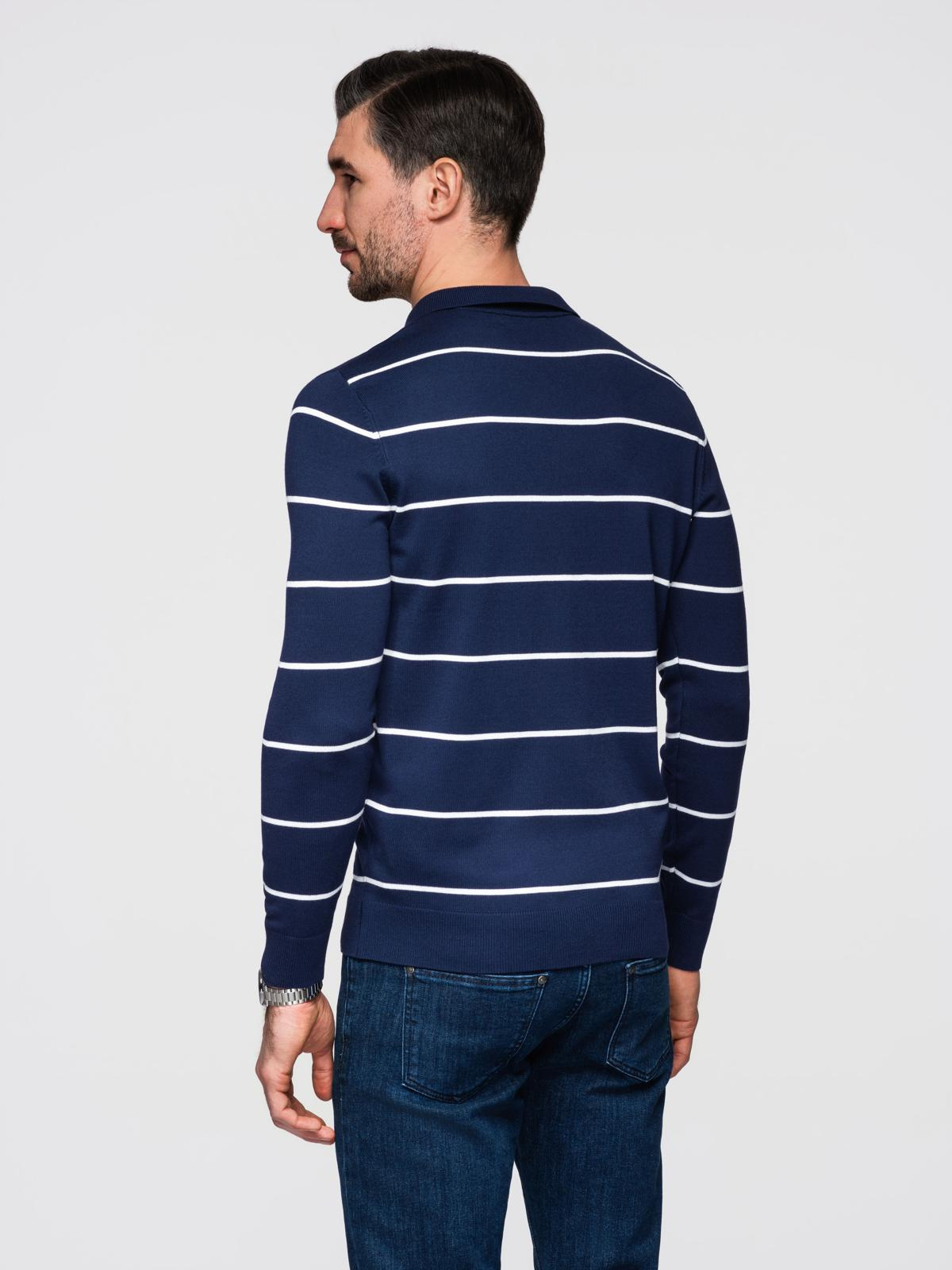 Ombre Men's horizontal striped polo longsleeve with viscose - navy blue and white