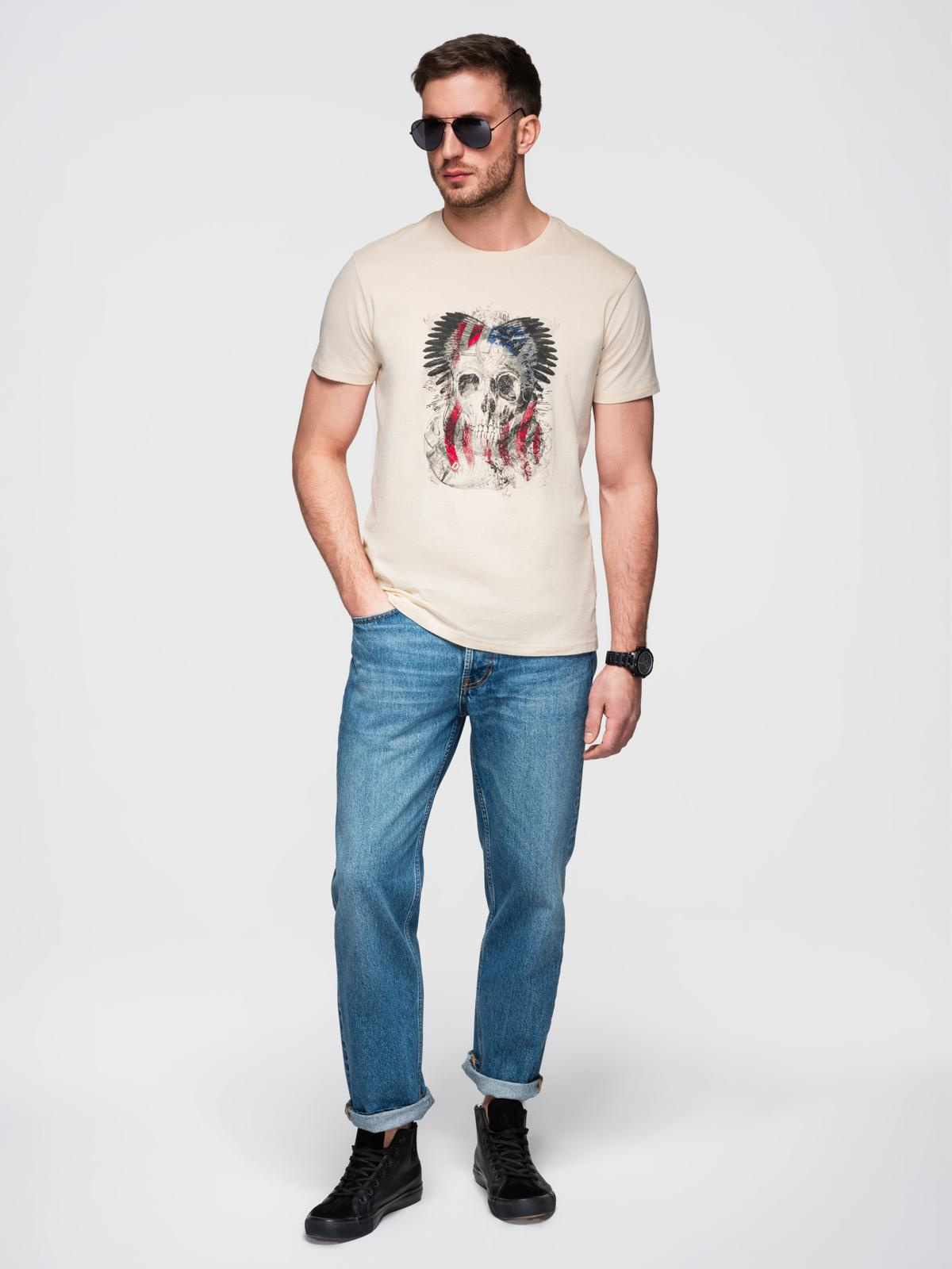 Ombre Men's cotton t-shirt with rock style print - cream