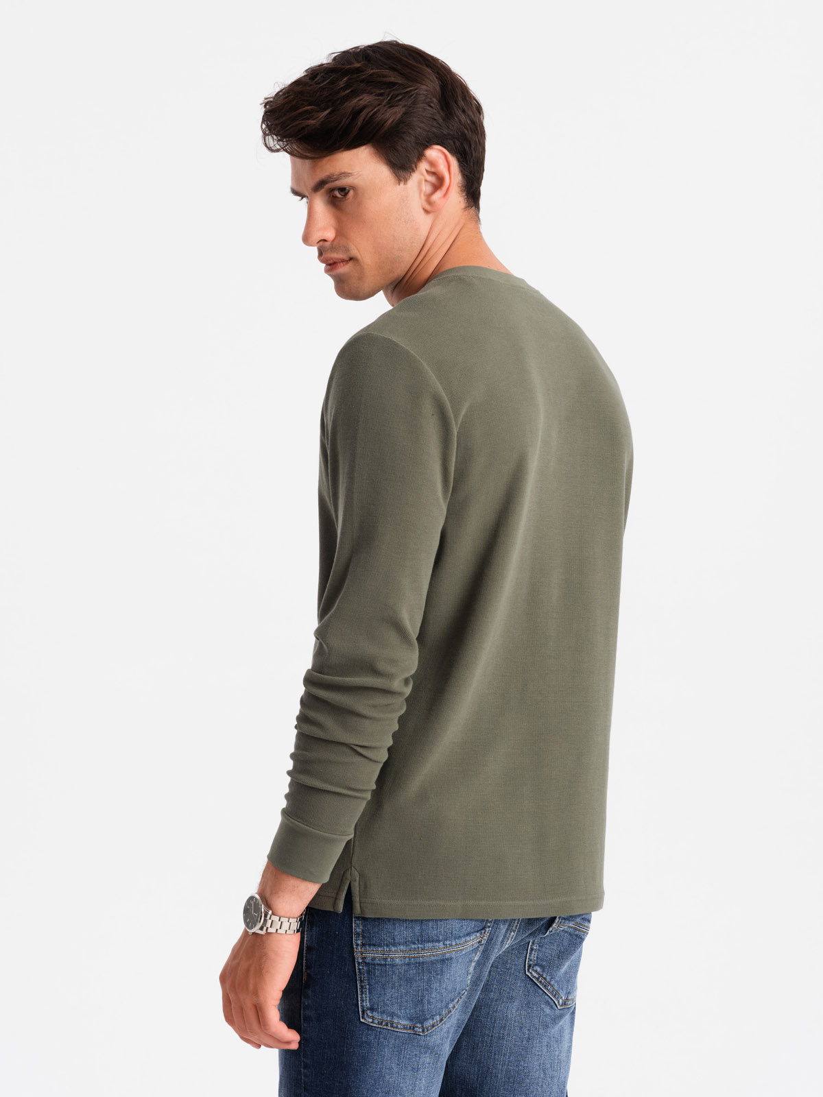 Ombre Button-up neck men's waffle knit longsleeve - olive