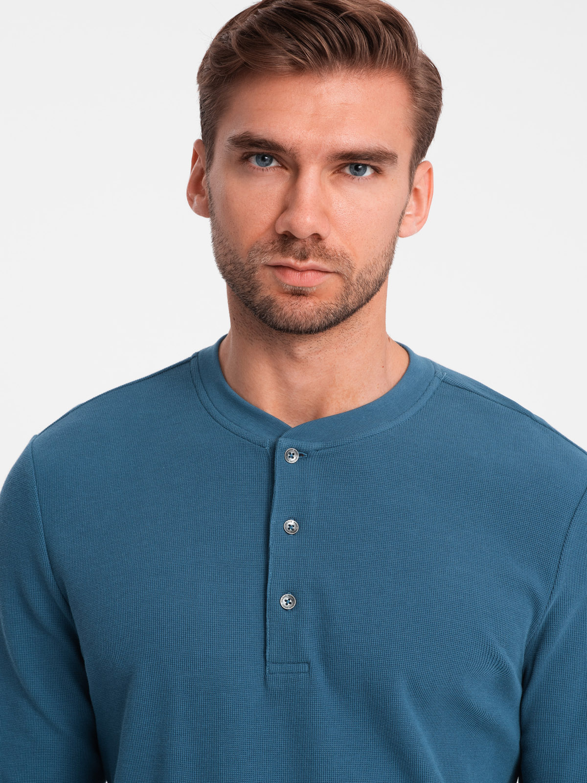 Ombre Men's waffle knit longsleeve fastened at the neck - blue denim