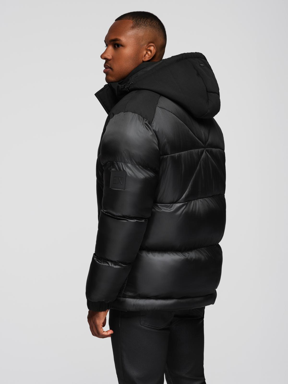 Ombre Men&#039;s hooded jacket with geometric diamond quilting - black