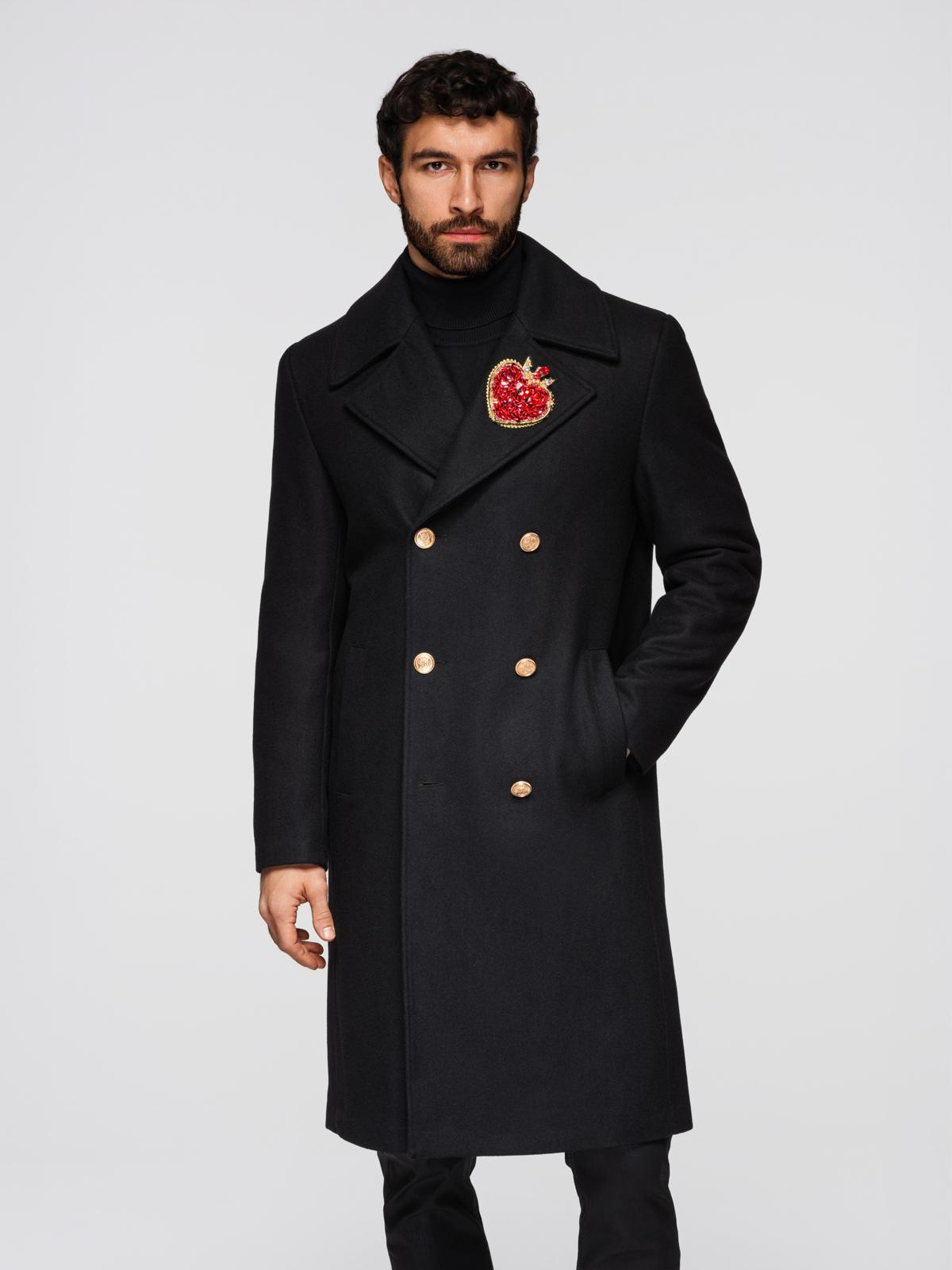 Ombre Men's double-breasted wool coat with decorative appliqués - black