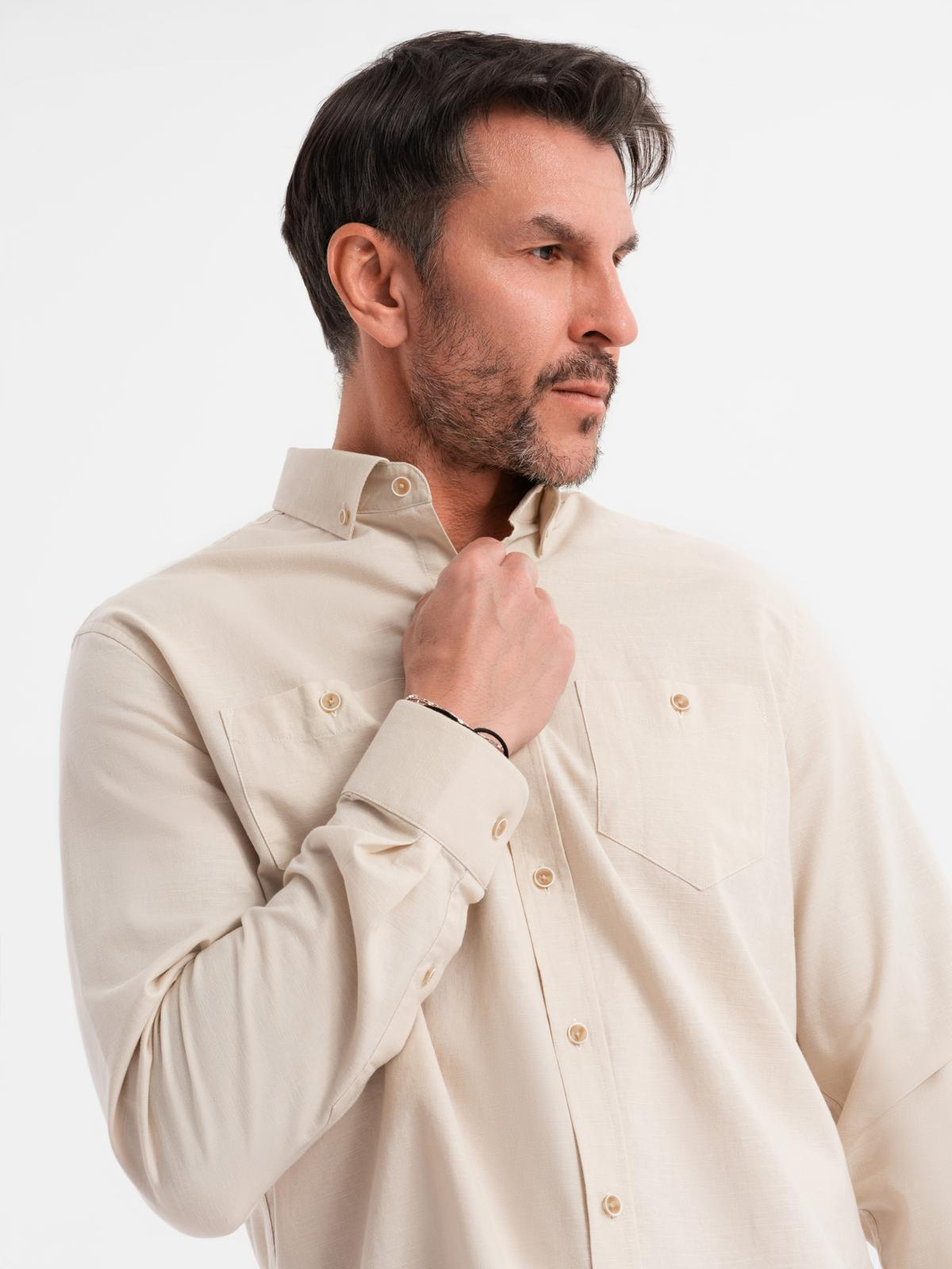 Ombre Men's linen shirt with classic collar and pockets REGULAR FIT - cream