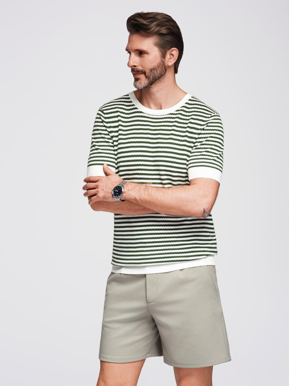 Ombre Men&#039;s knitted t-shirt with navy stripes and openwork weave - olive and white