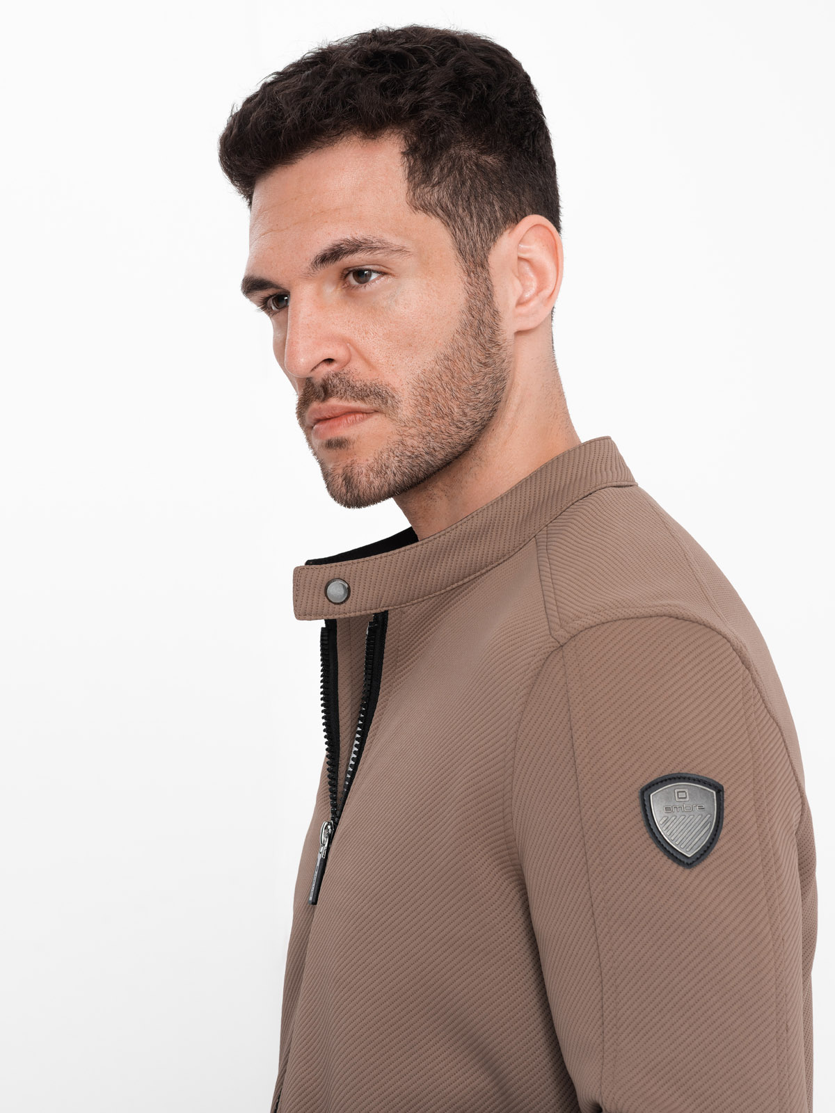 Ombre Men's BIKER Jacket In Structured Fabric - Light Brown