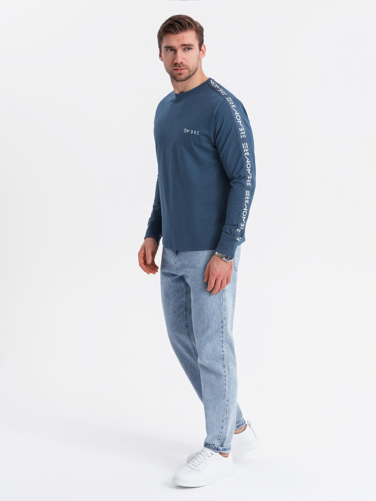 Ombre Men's cotton U-neck longsleeve with piping and chest print - dark blue