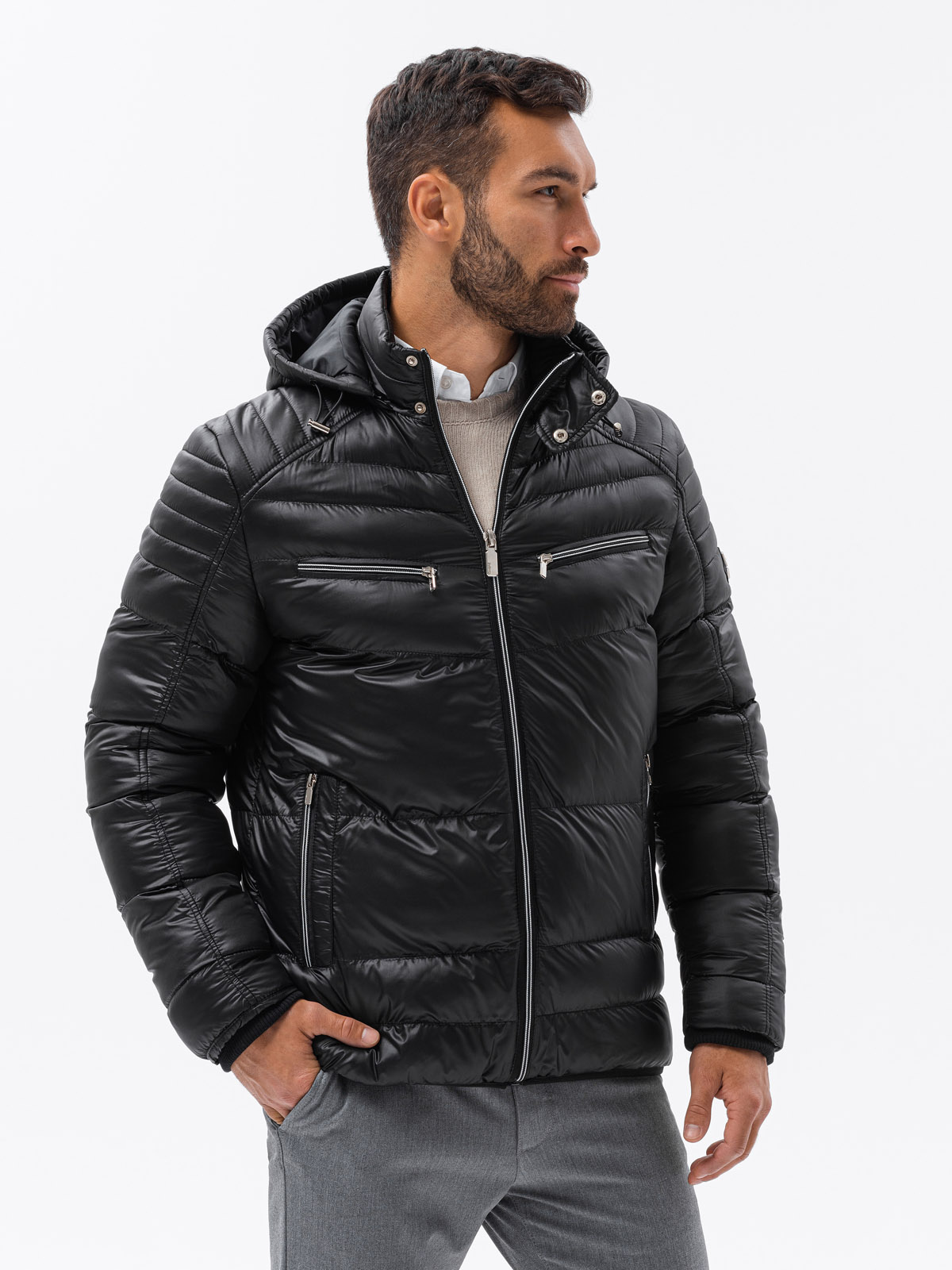 Ombre Men&#039;s winter quilted jacket with decorative zippers - black
