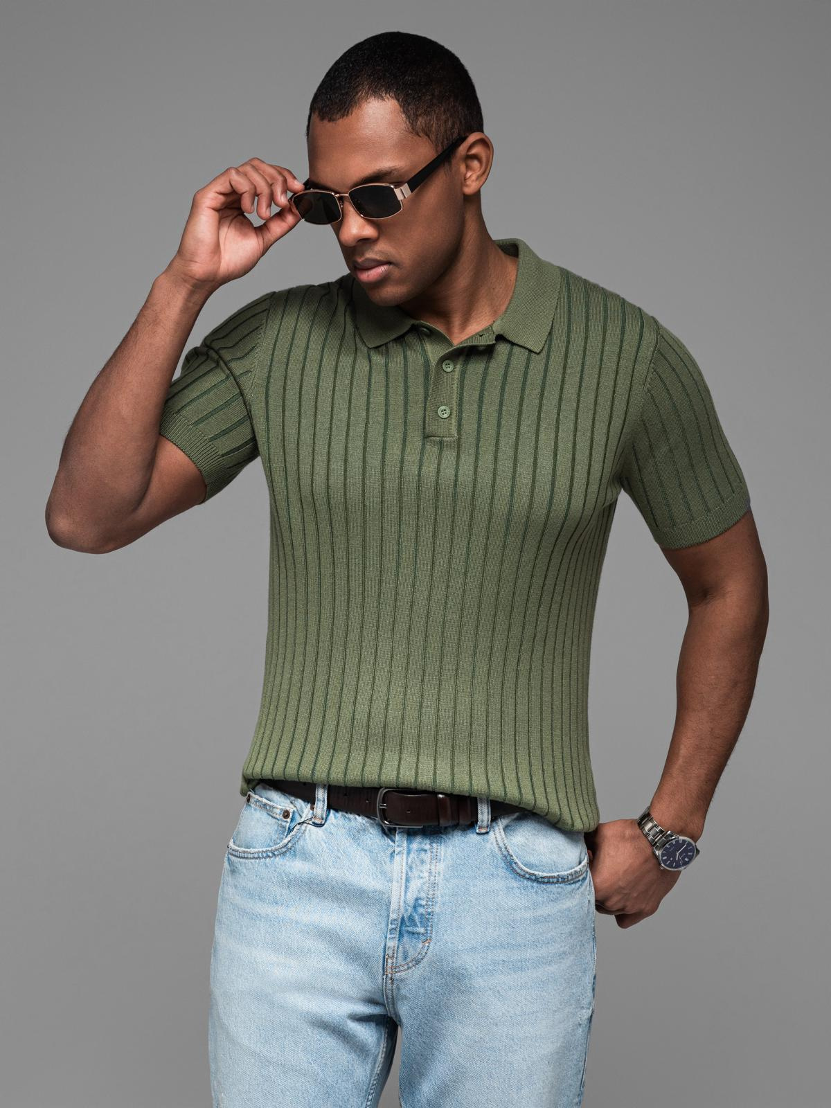 Ombre Men's SLIM FIT viscose vertical stripe polo shirt - olive