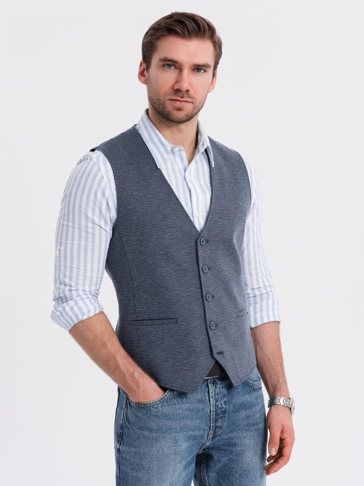 Ombre Fitted elegant men's structured knit vest - navy blue