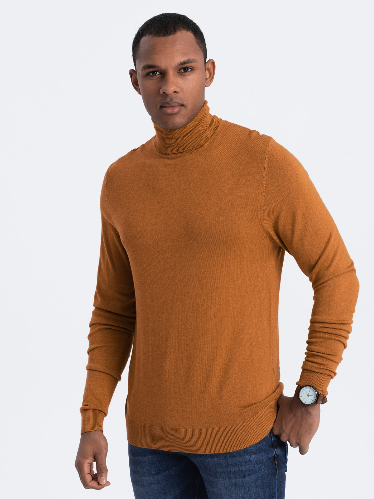 Ombre Men&#039;s knitted single-color turtleneck with viscose - camel