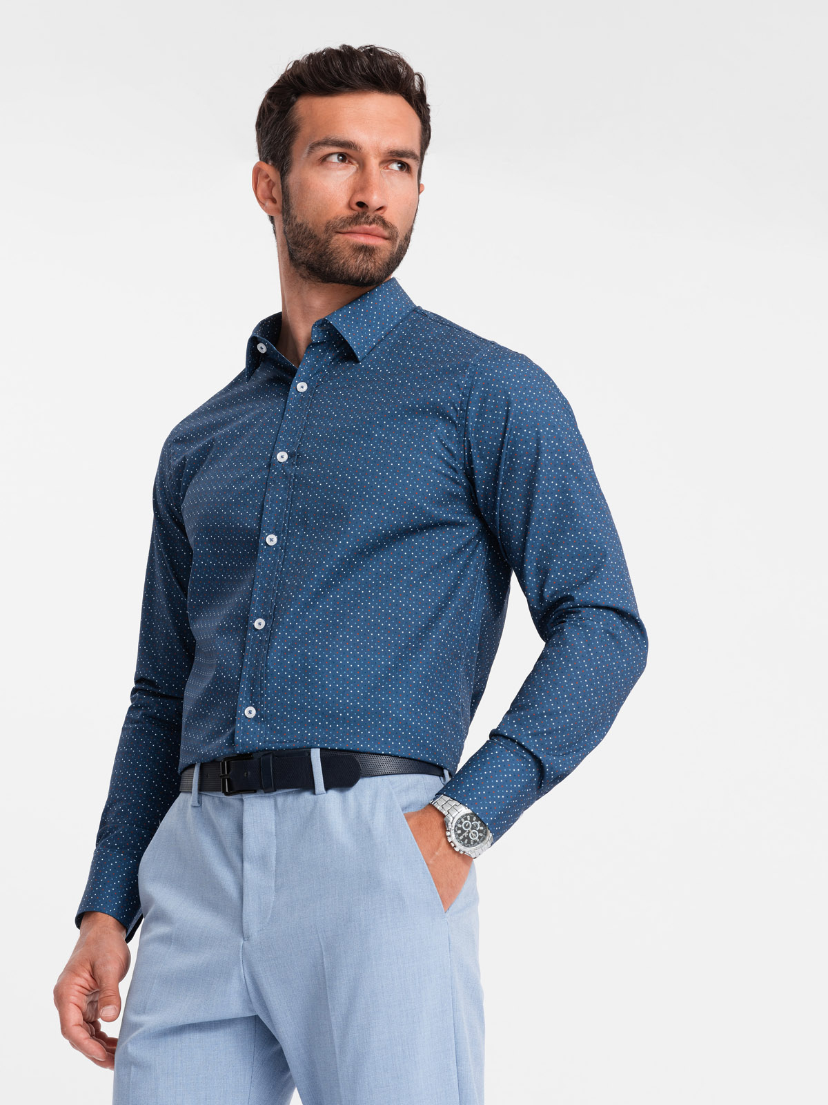 Ombre Men&#039;s cotton patterned SLIM FIT shirt - blue