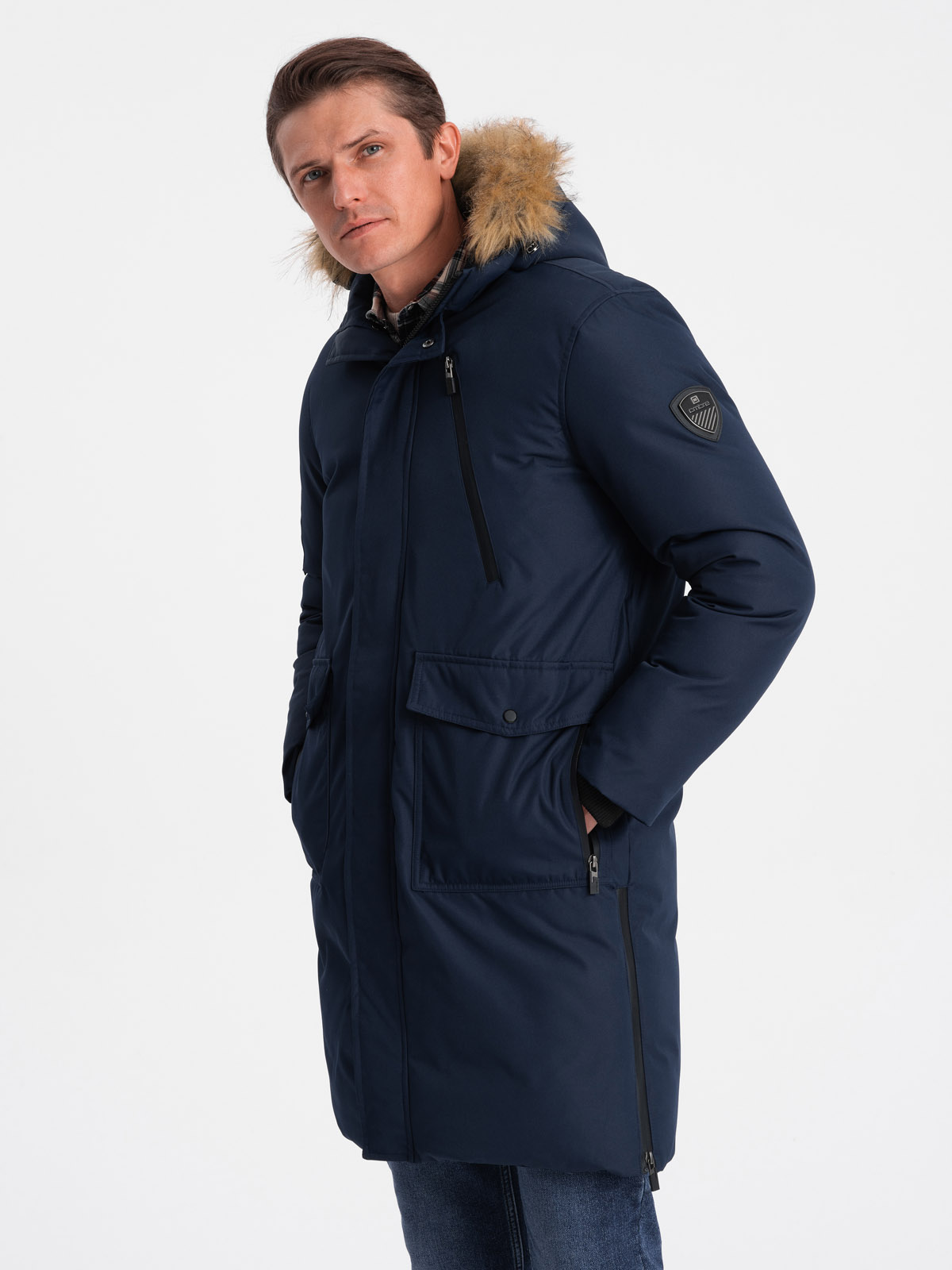 Levně Ombre Alaskan men's winter jacket with detachable fur from the hood - navy blue