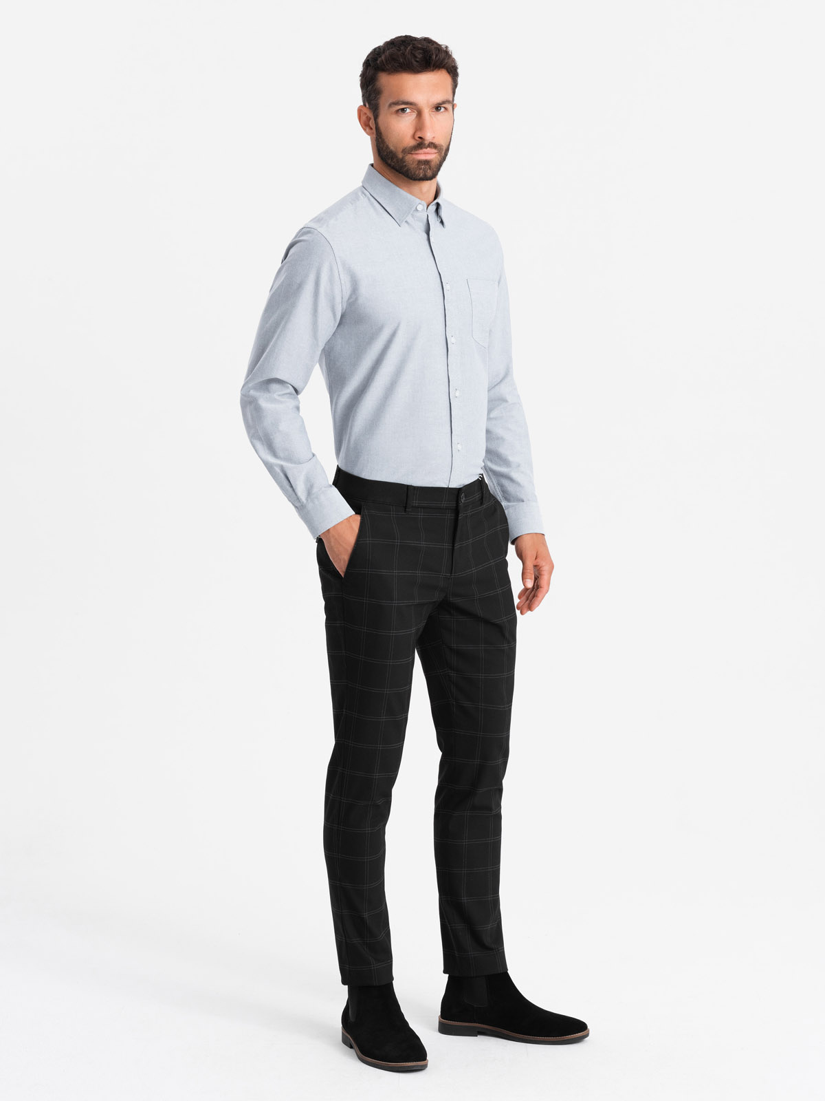 Ombre Elegant men&#039;s oxford shirt with embroidery and pocket - light grey