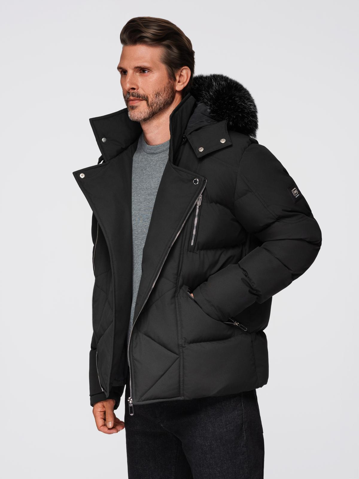Ombre Men&#039;s quilted jacket with cut of ramoneski with hood - black