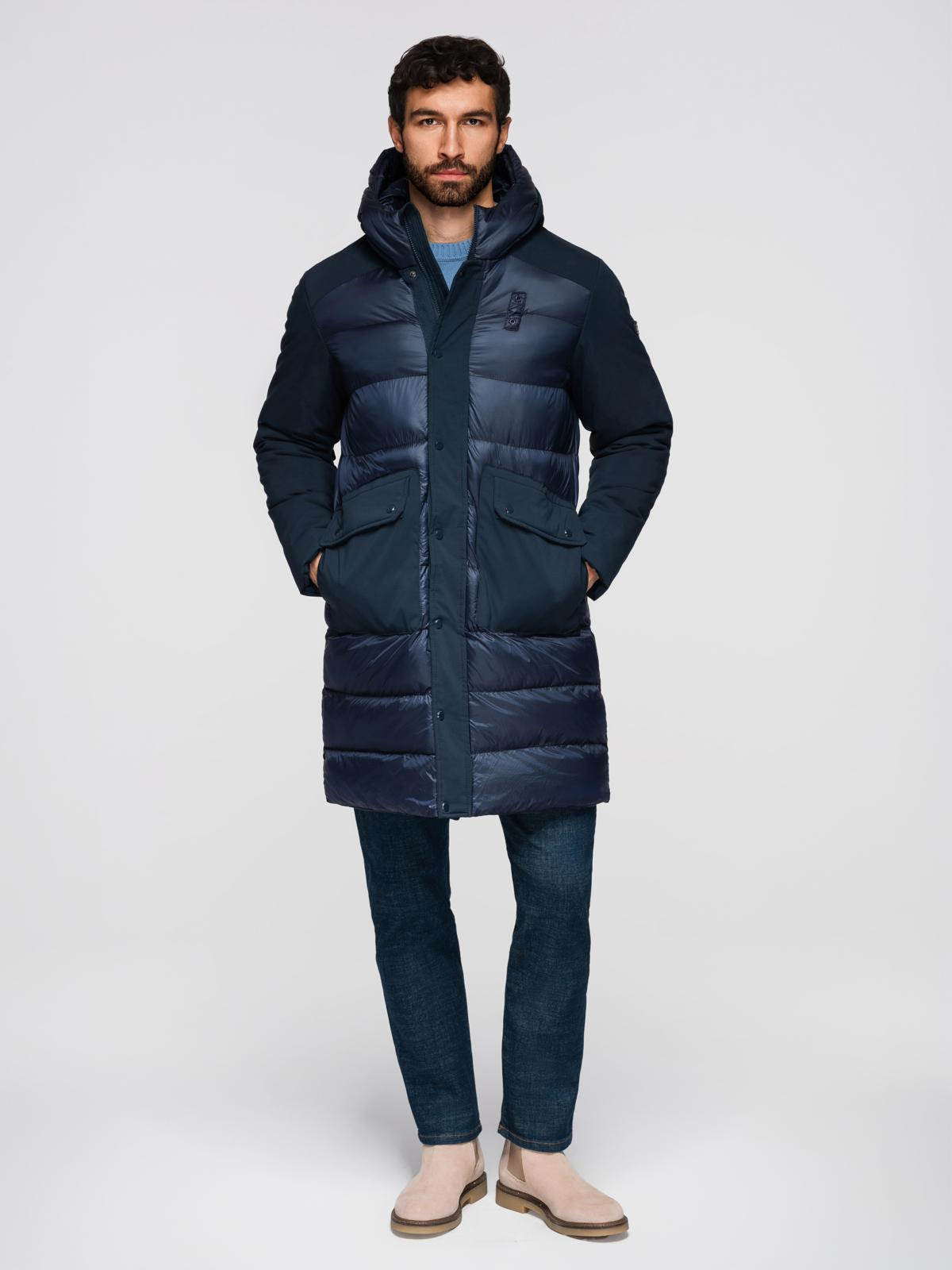 Ombre Men's quilted long jacket with large pockets - navy blue