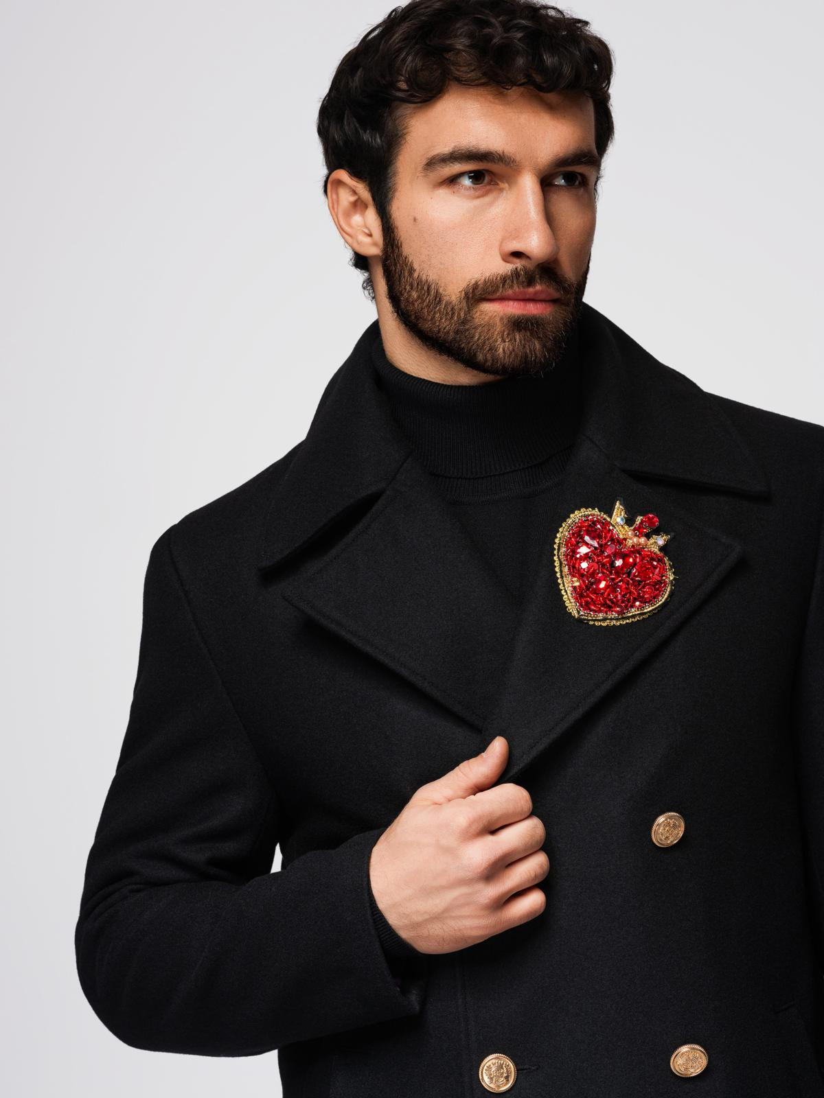 Ombre Men's double-breasted wool coat with decorative appliqués - black