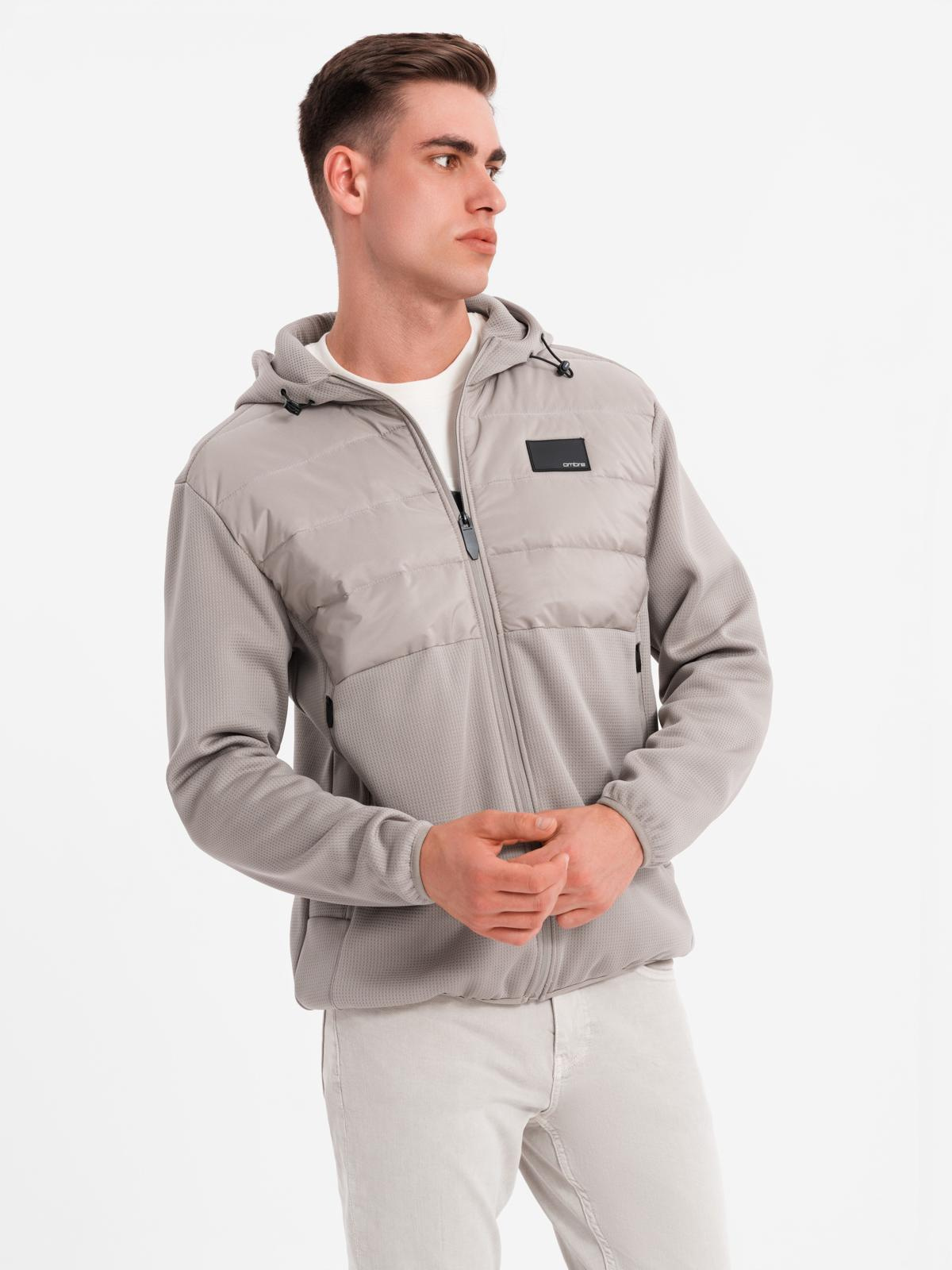 Ombre Men&#039;s lightweight jacket of combined materials with hood and decorative quilting - ash