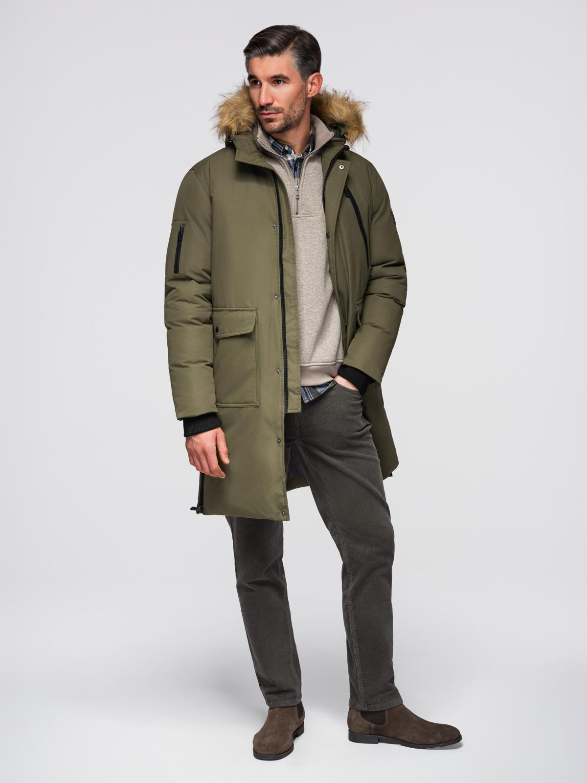 Ombre Alaskan men's winter jacket with detachable fur from the hood - dark olive green