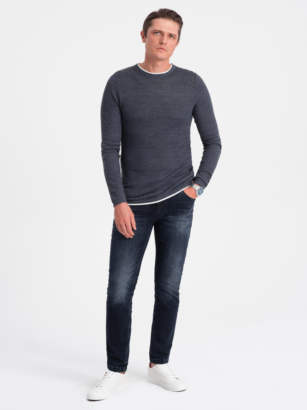 Ombre Men&#039;s cotton sweater with round neckline - navy blue melange