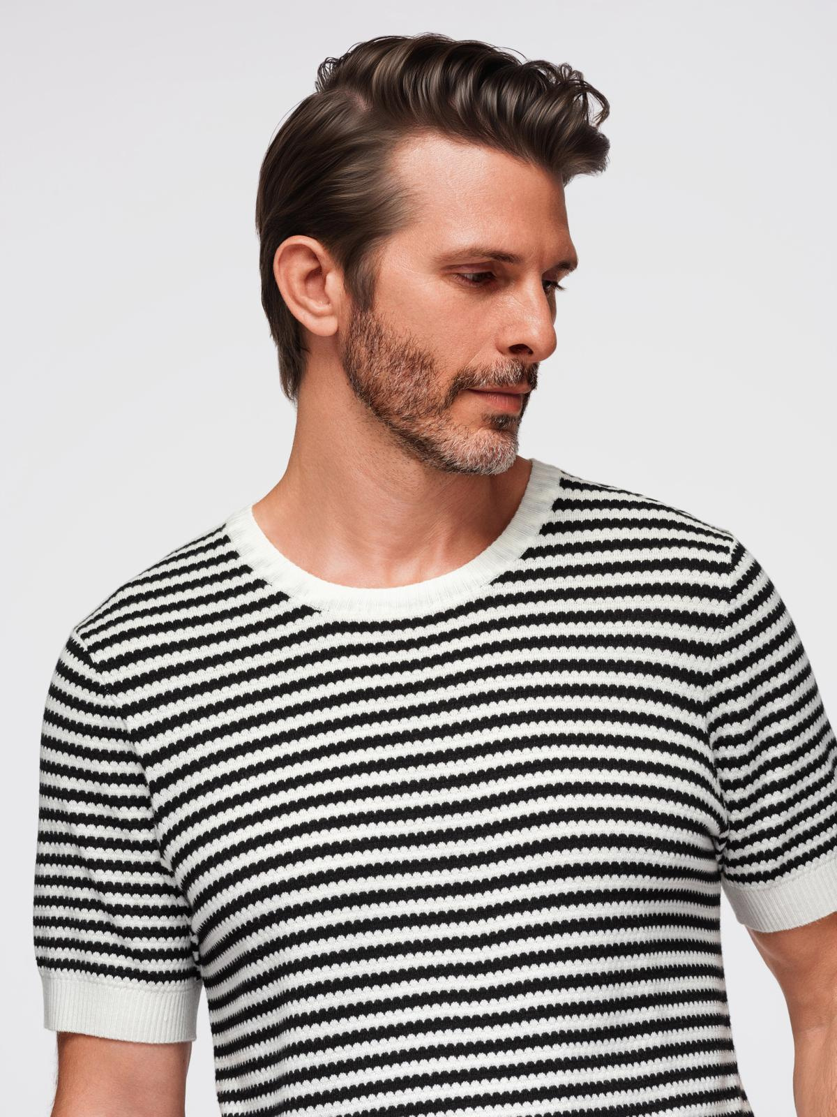Ombre Men's knitted t-shirt with navy stripes and openwork weave - black and white